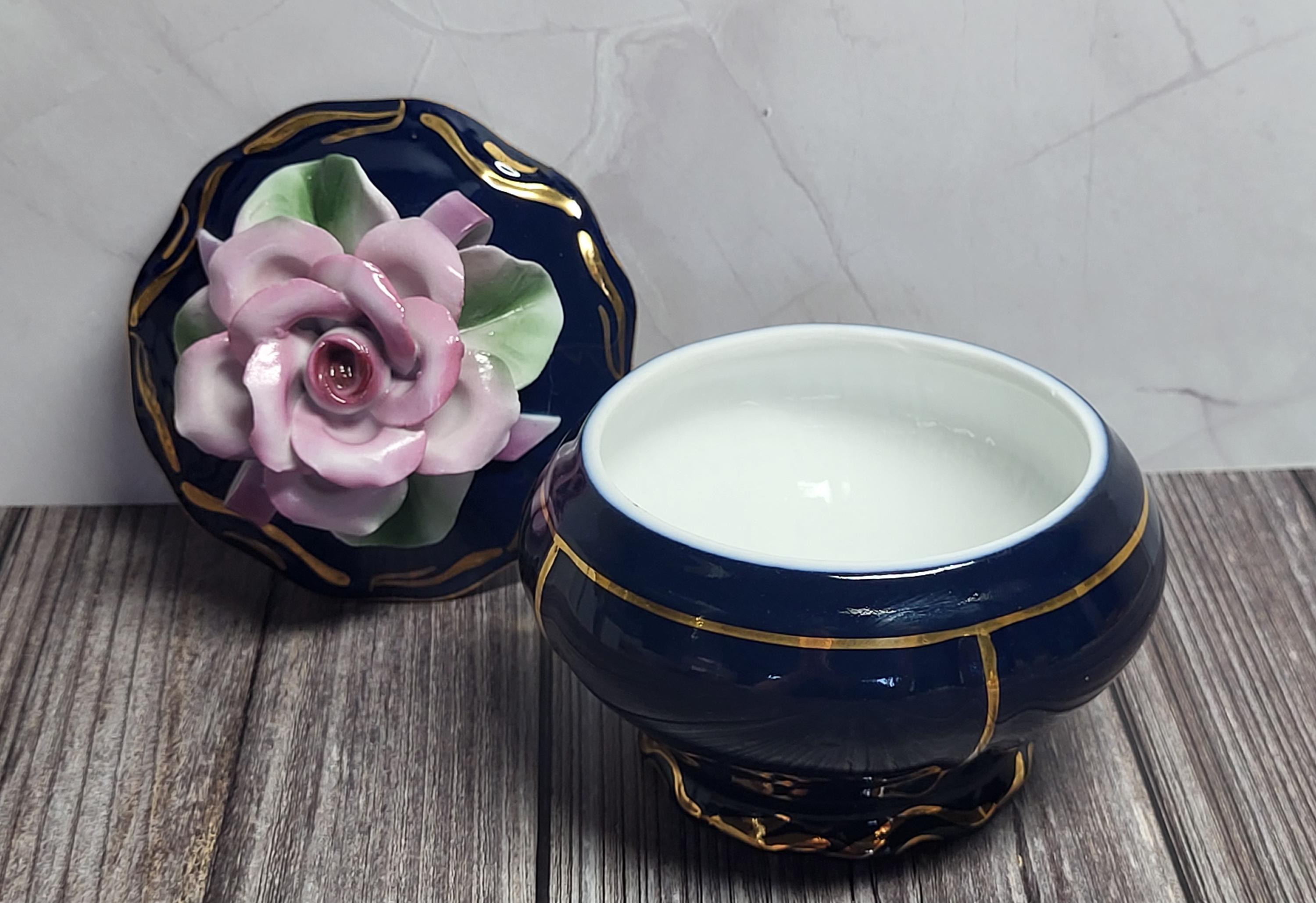 Vintage Cobalt Blue Porcelain Candy Dish with Rose Romanian and Unter Weiss Bach Cobalt Brand Cake Stand Germany view 8