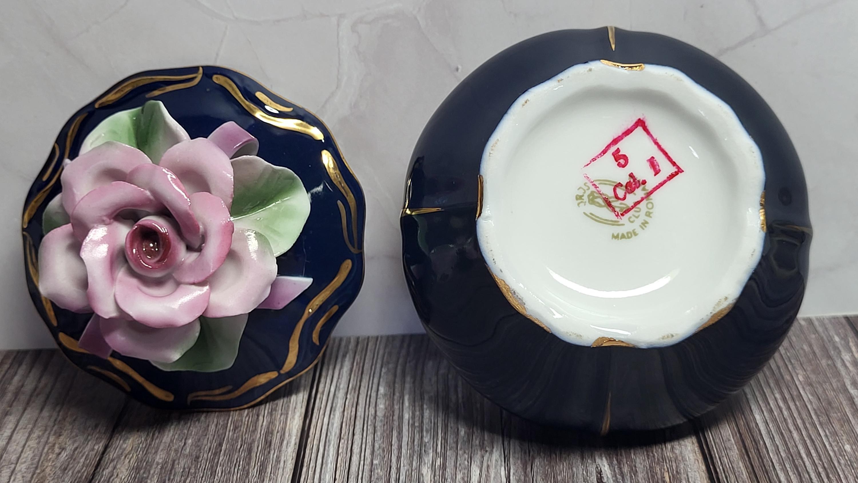 Vintage Cobalt Blue Porcelain Candy Dish with Rose Romanian and Unter Weiss Bach Cobalt Brand Cake Stand Germany view 9
