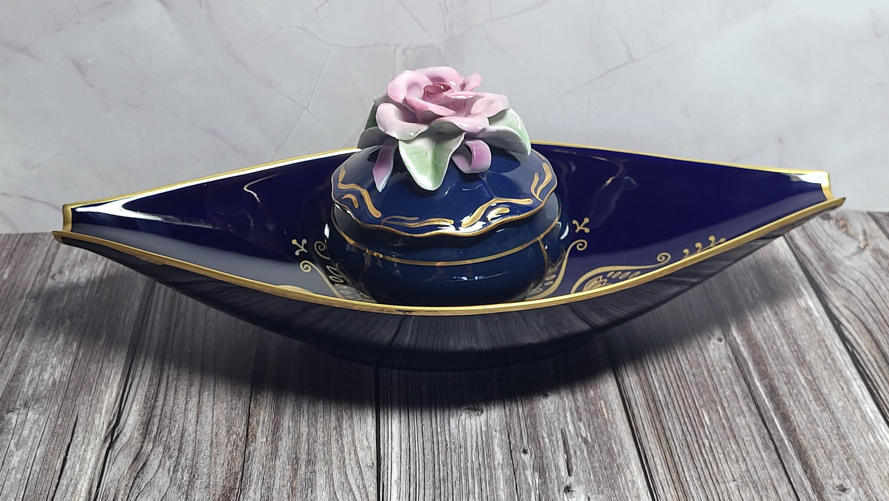 Vintage Cobalt Blue Porcelain Candy Dish with Rose Romanian and Unter Weiss Bach Cobalt Brand Cake Stand Germany view 10