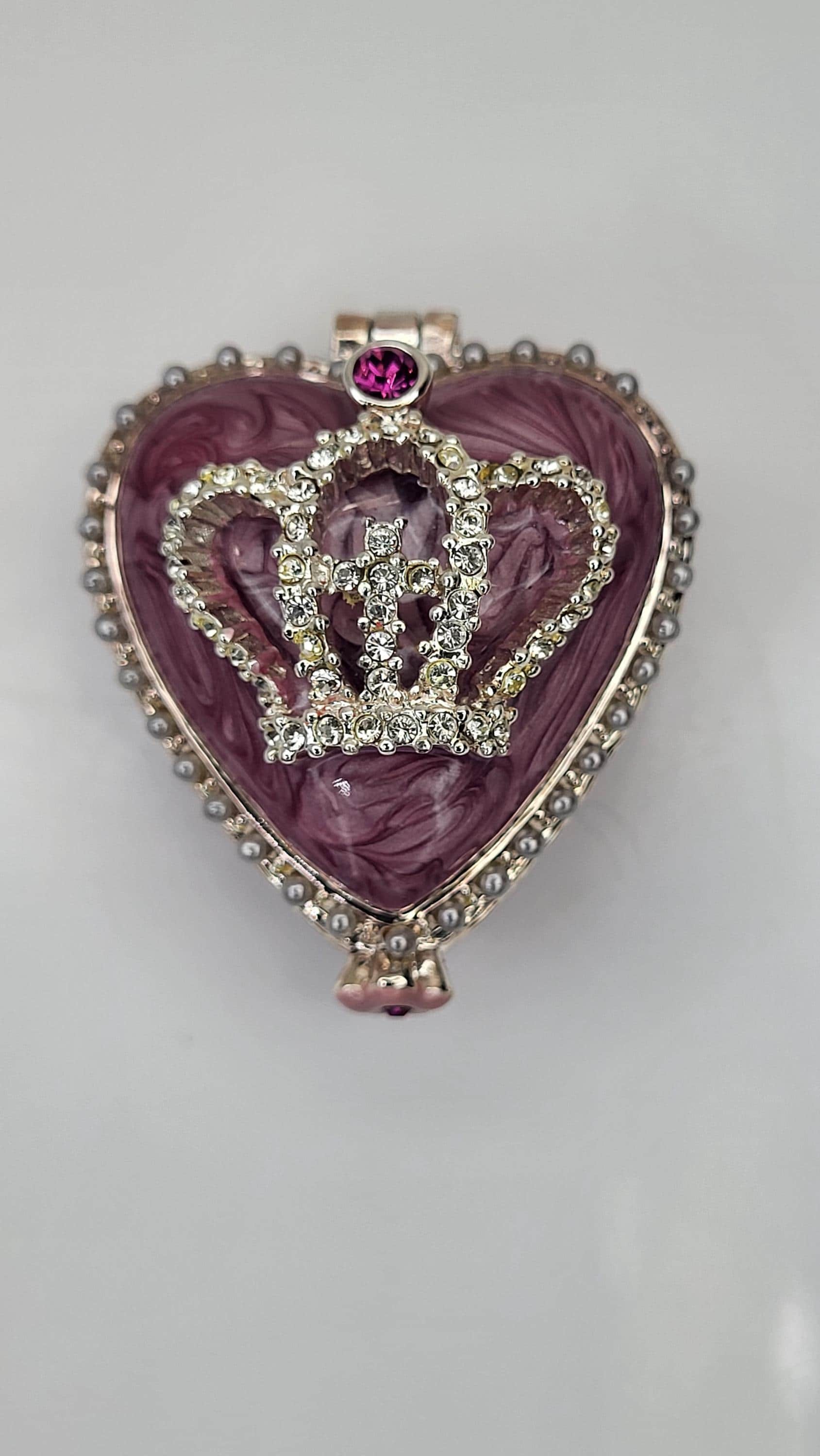 Vintage Bejeweled Heart Trinket Box, Enamel Crown Design, Magnetic Hinge Closure, Like New with Original Tag, Royal Keepsake Jewelry Box