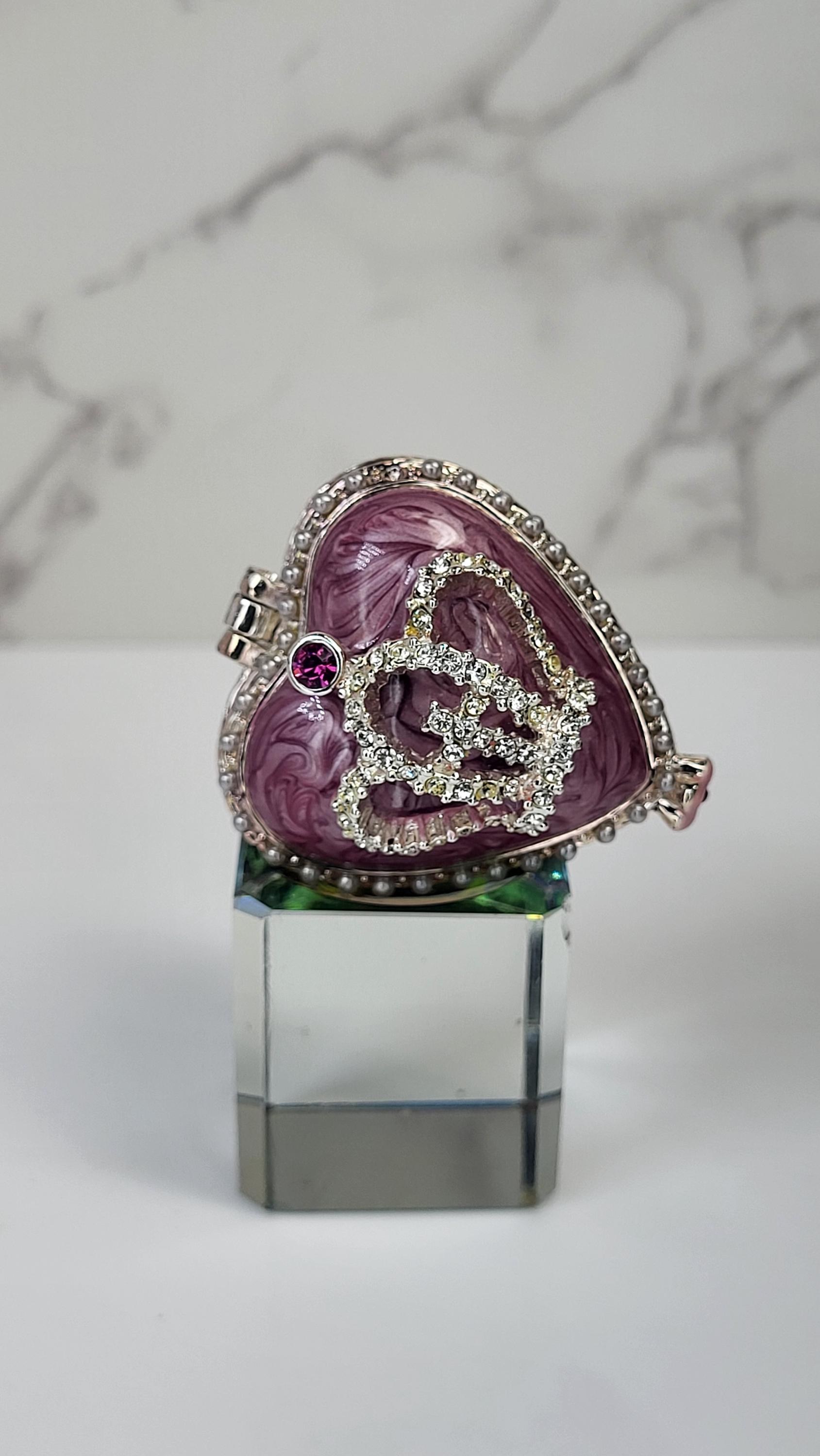 Vintage Bejeweled Heart Trinket Box, Enamel Crown Design, Magnetic Hinge Closure, Like New with Original Tag, Royal Keepsake Jewelry Box view 2