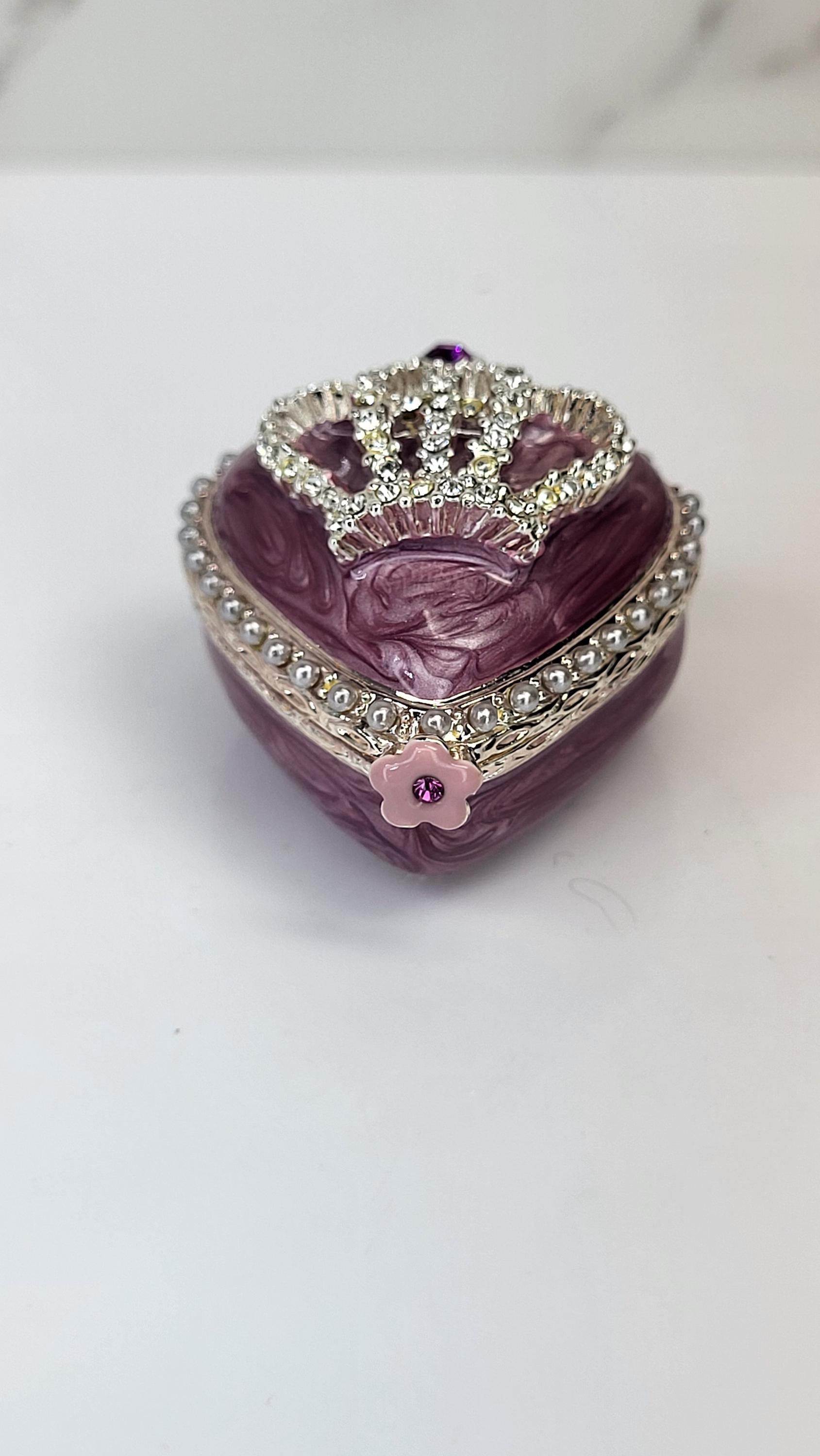 Vintage Bejeweled Heart Trinket Box, Enamel Crown Design, Magnetic Hinge Closure, Like New with Original Tag, Royal Keepsake Jewelry Box view 3