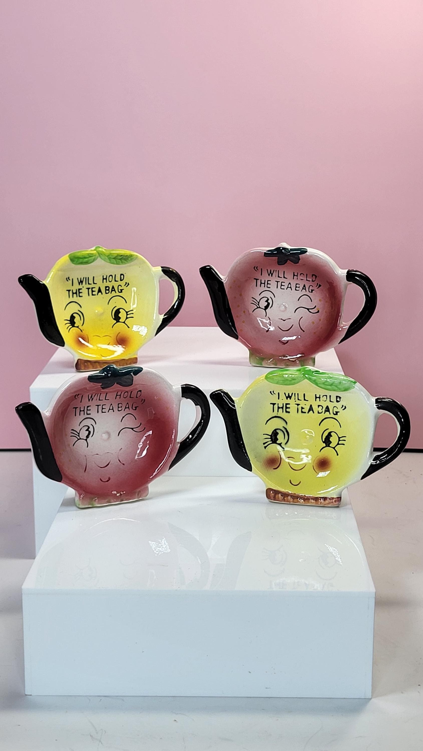 Vintage 1950s Anthropomorphic Teapot Tea Bag Holders, Set of 4, "I Will Hold the Tea Bag," Made in Japan, Excellent Vintage Condition.