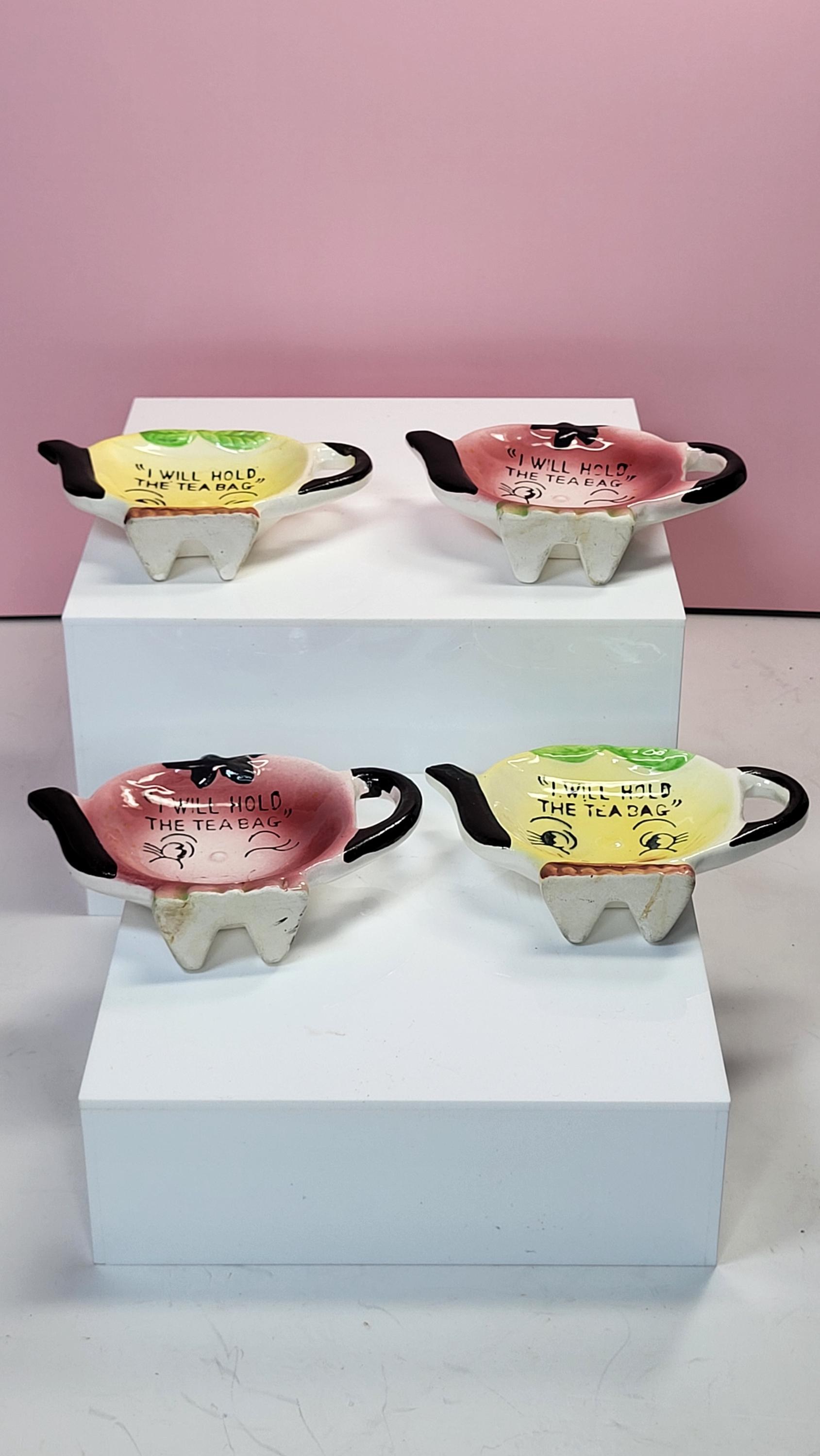 Vintage 1950s Anthropomorphic Teapot Tea Bag Holders, Set of 4, "I Will Hold the Tea Bag," Made in Japan, Excellent Vintage Condition. view 3