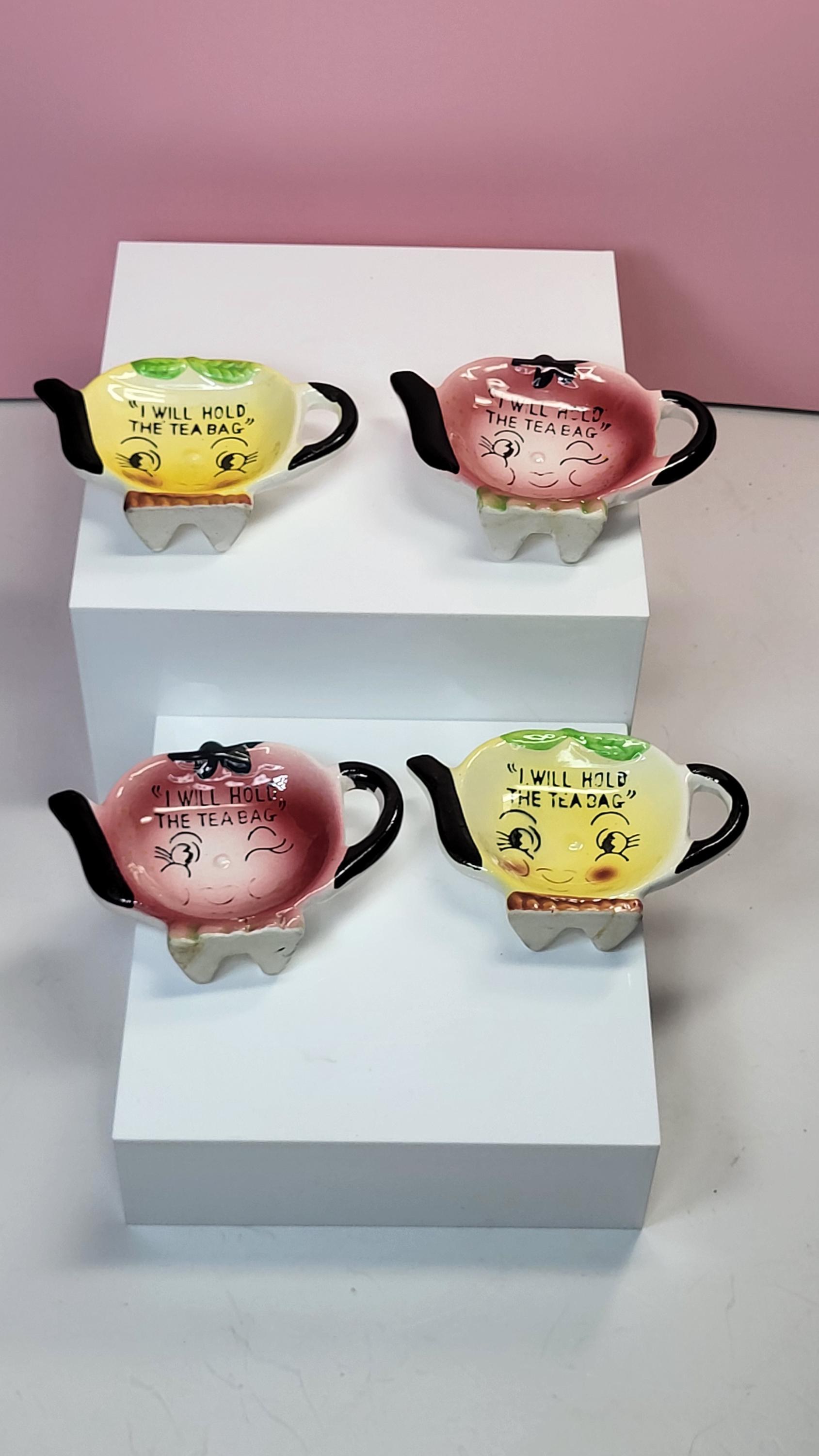 Vintage 1950s Anthropomorphic Teapot Tea Bag Holders, Set of 4, "I Will Hold the Tea Bag," Made in Japan, Excellent Vintage Condition. view 4