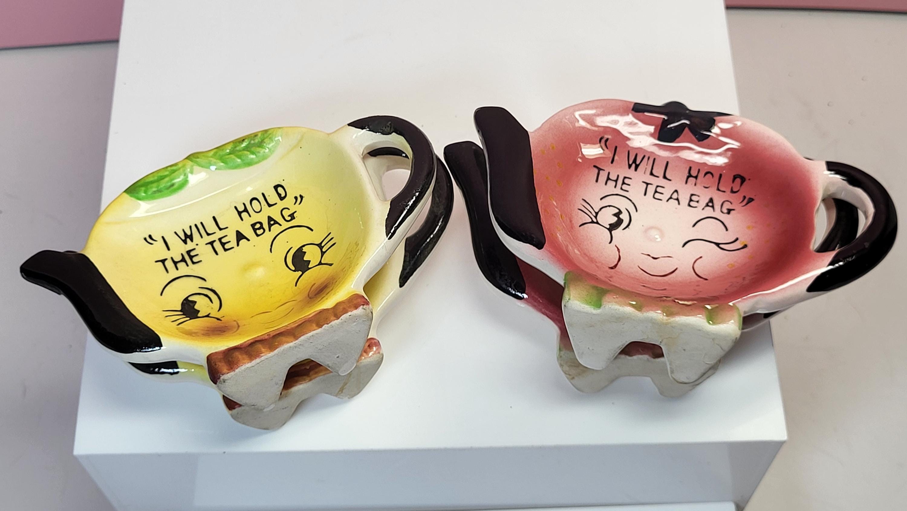 Vintage 1950s Anthropomorphic Teapot Tea Bag Holders, Set of 4, "I Will Hold the Tea Bag," Made in Japan, Excellent Vintage Condition. view 9