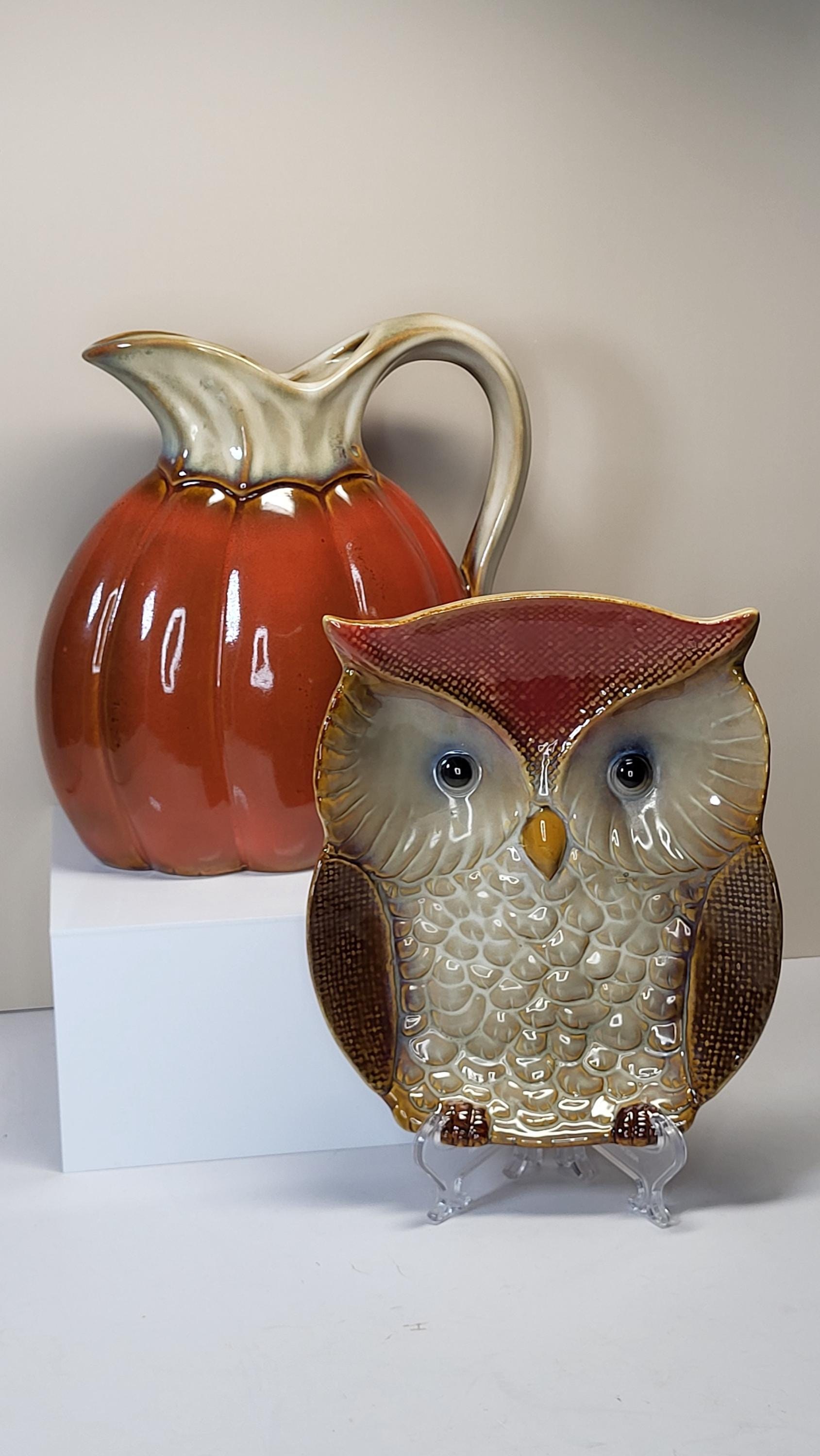 Vintage Glazed Ceramic Owl Dish and Pumpkin Pitcher Set, Very Good Condition, Autumn Harvest Fall Farmhouse Decor