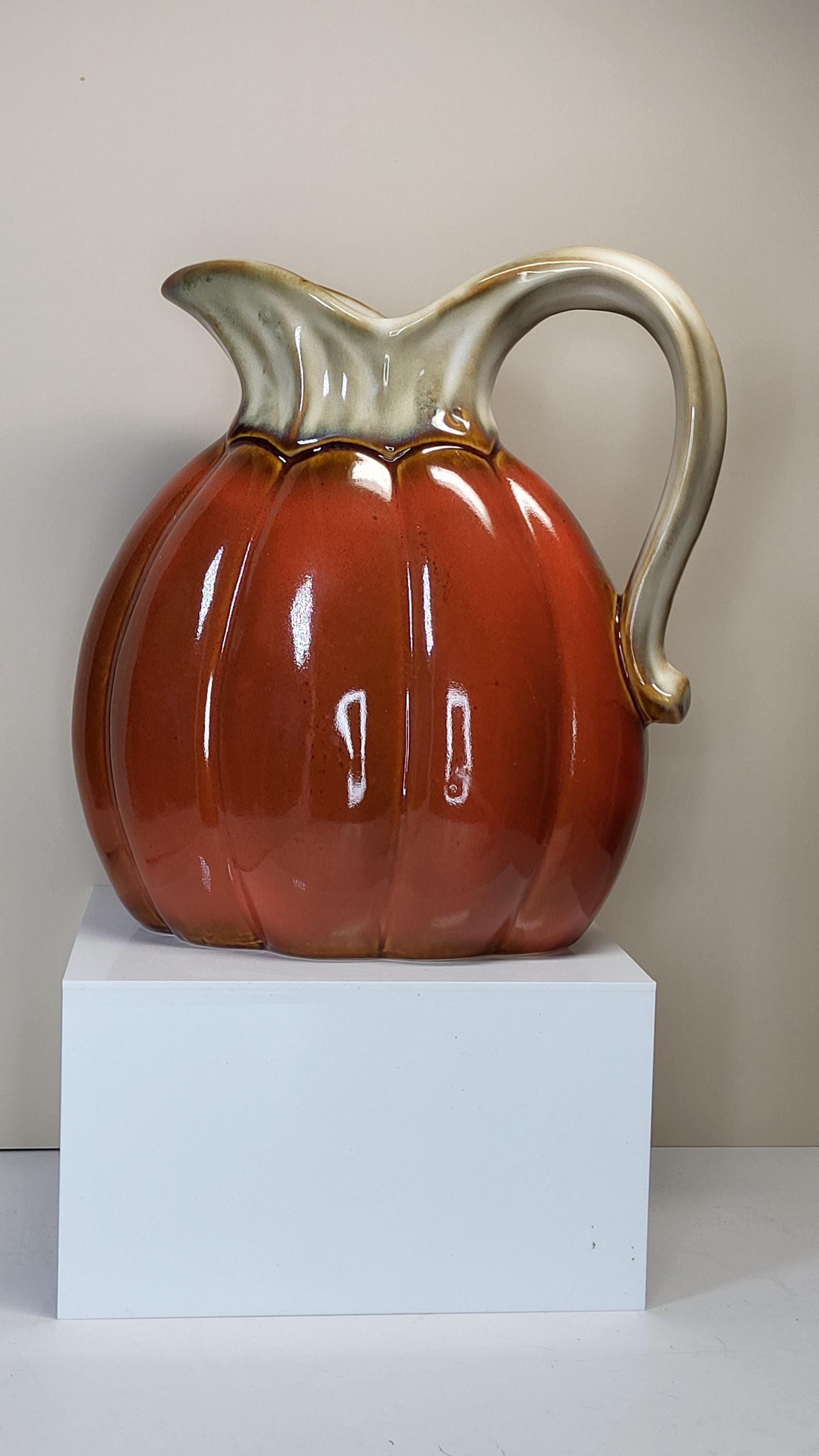 Vintage Glazed Ceramic Owl Dish and Pumpkin Pitcher Set, Very Good Condition, Autumn Harvest Fall Farmhouse Decor view 2