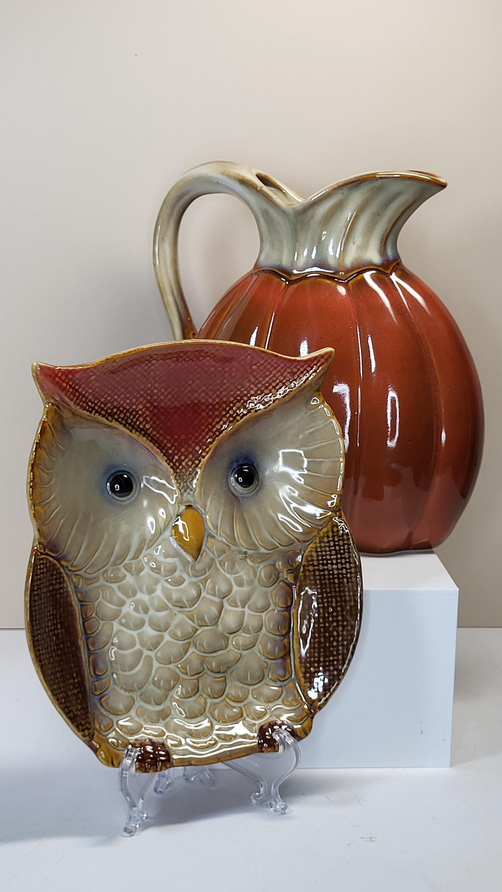 Vintage Glazed Ceramic Owl Dish and Pumpkin Pitcher Set, Very Good Condition, Autumn Harvest Fall Farmhouse Decor view 16