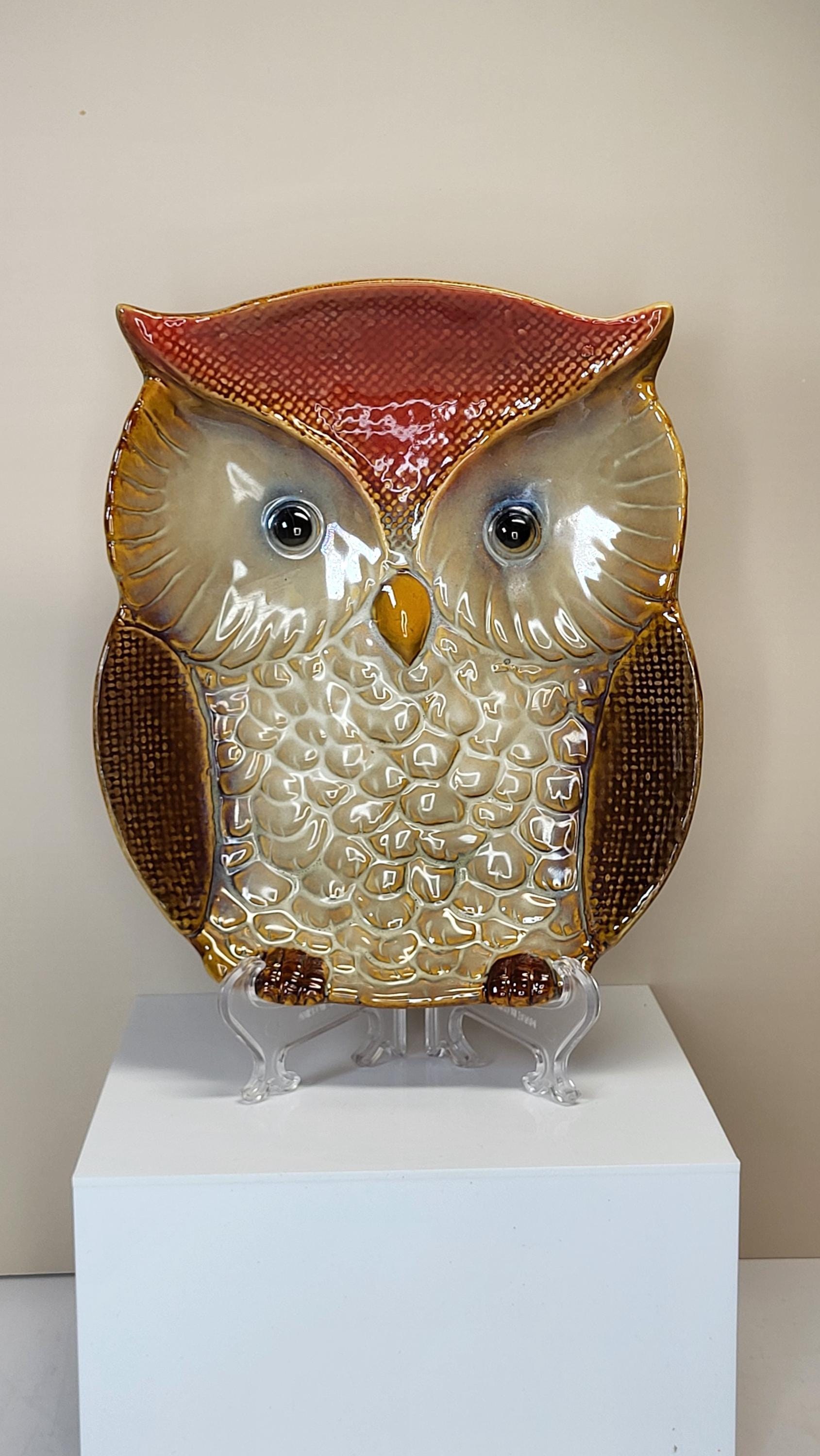 Vintage Glazed Ceramic Owl Dish and Pumpkin Pitcher Set, Very Good Condition, Autumn Harvest Fall Farmhouse Decor view 3