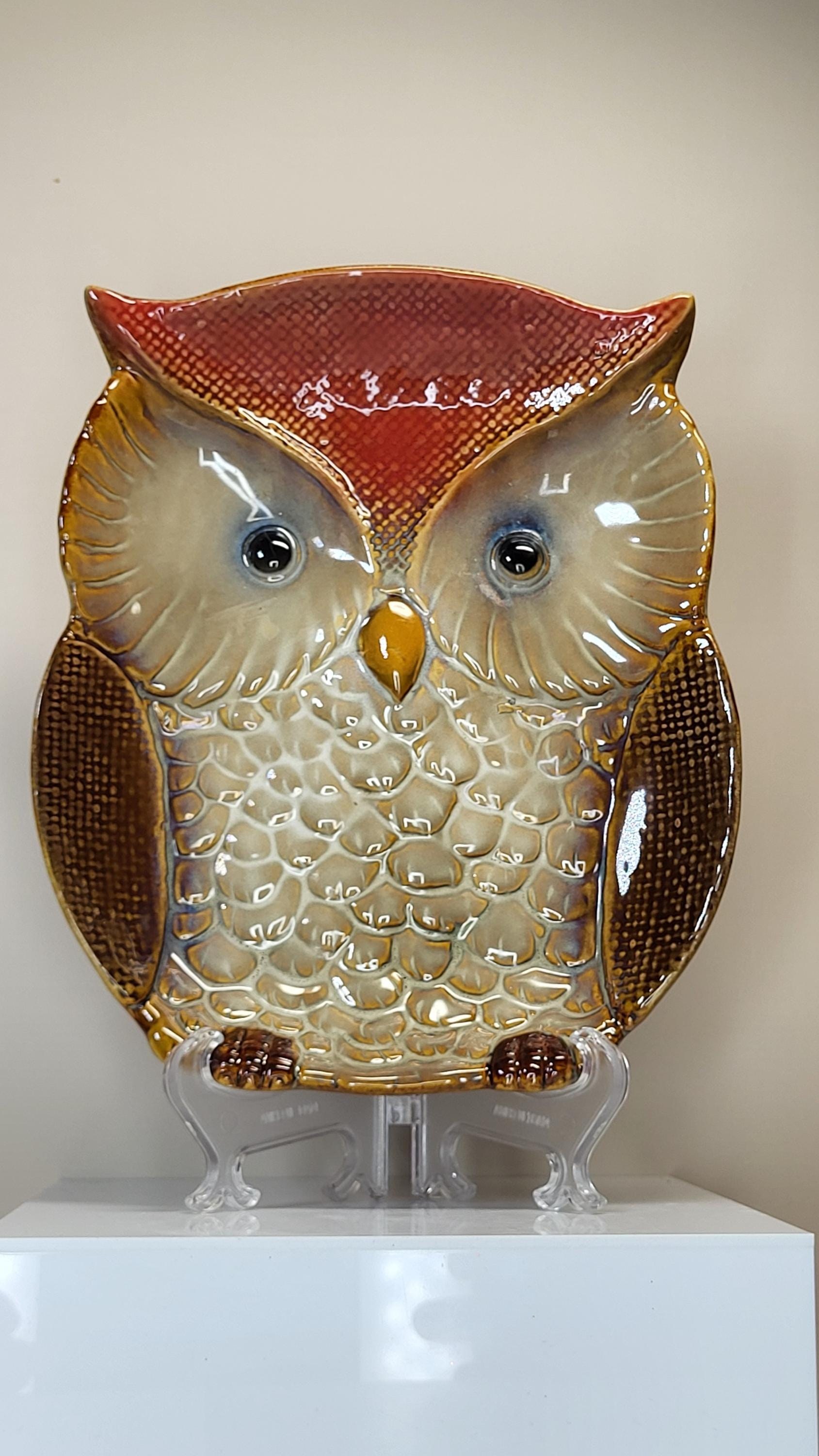 Vintage Glazed Ceramic Owl Dish and Pumpkin Pitcher Set, Very Good Condition, Autumn Harvest Fall Farmhouse Decor view 5