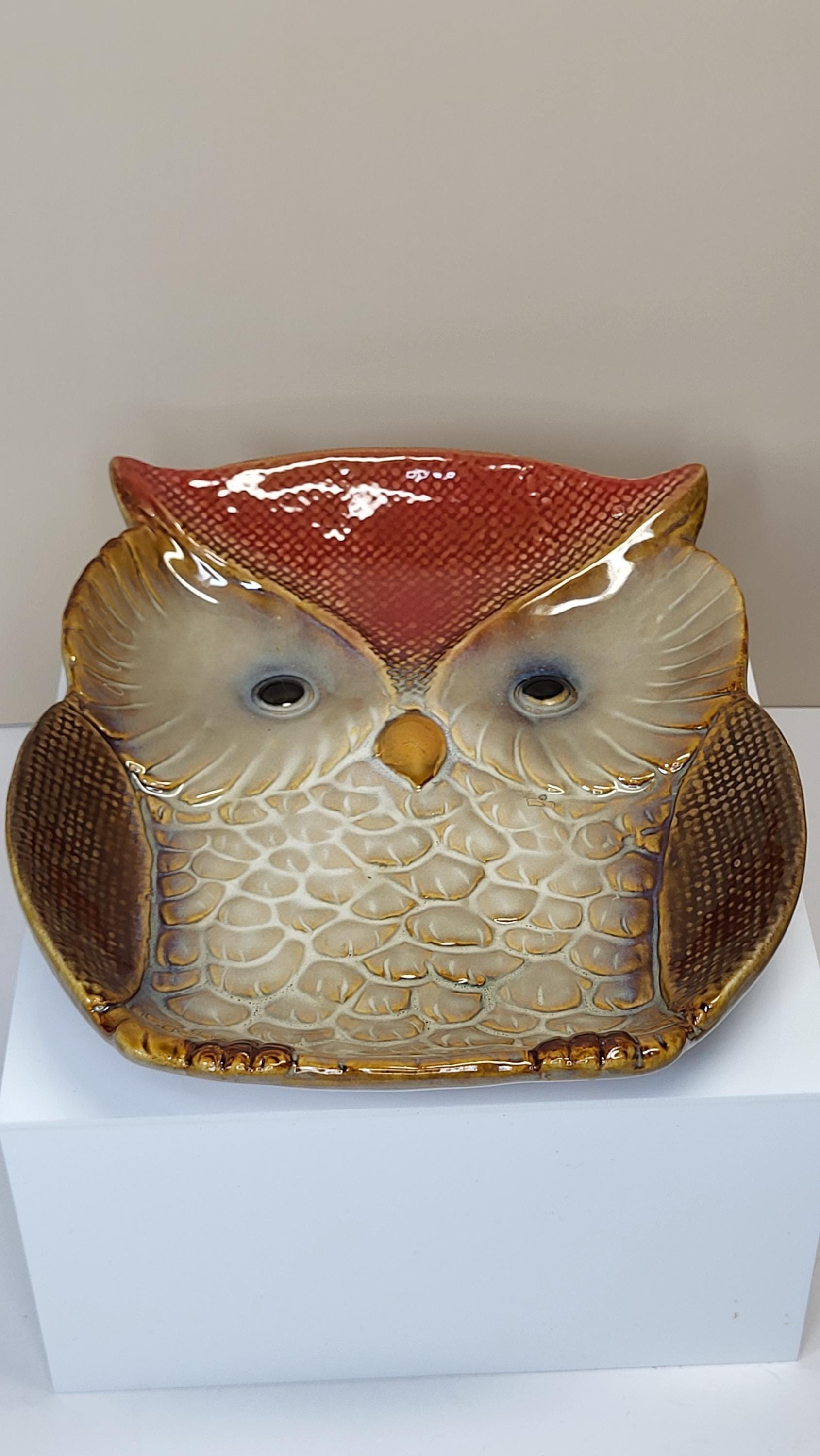 Vintage Glazed Ceramic Owl Dish and Pumpkin Pitcher Set, Very Good Condition, Autumn Harvest Fall Farmhouse Decor view 9