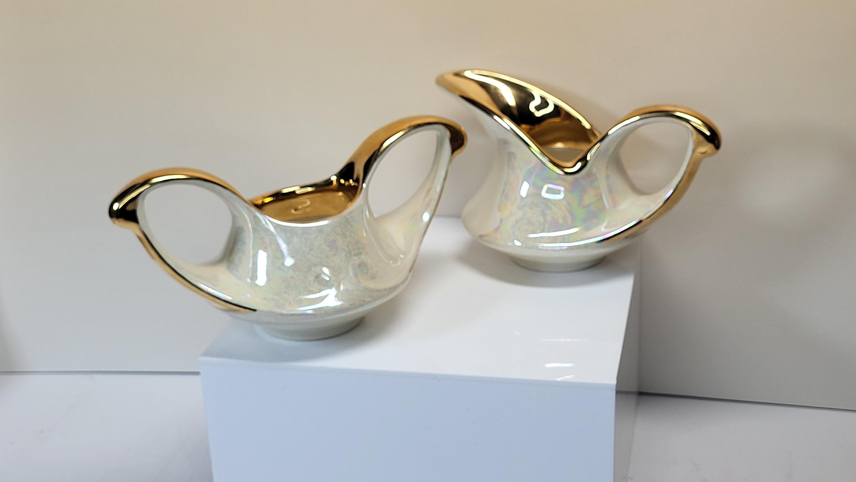 Vintage Pearl China Creamer and Open Sugar Set, Pearlescent Lusterware, 22K Gold Trim, Mid Century Modern, Like New Condition