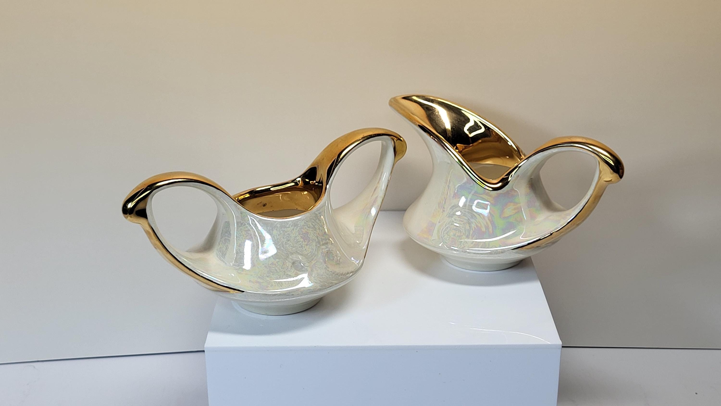 Vintage Pearl China Creamer and Open Sugar Set, Pearlescent Lusterware, 22K Gold Trim, Mid Century Modern, Like New Condition view 2