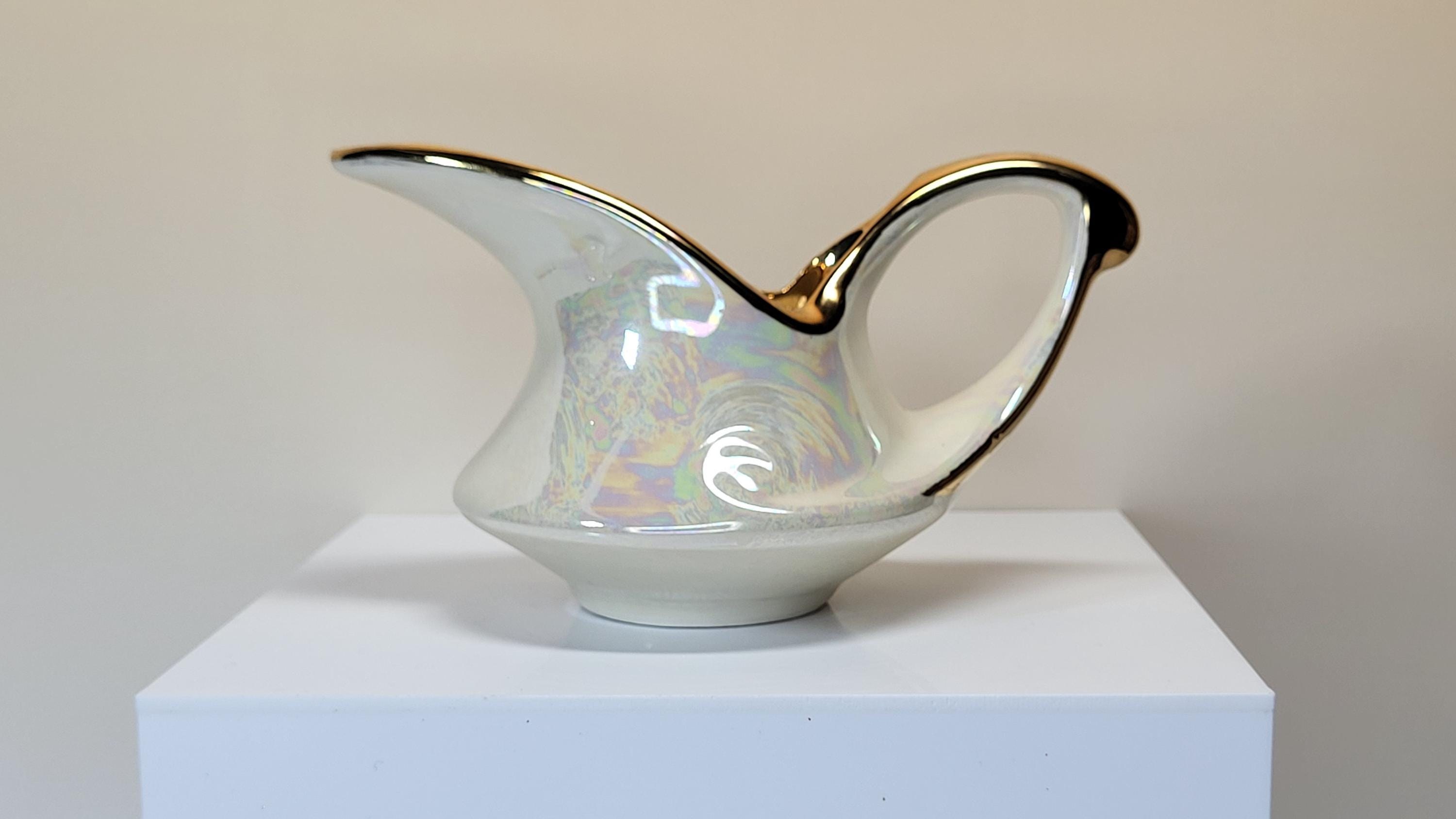 Vintage Pearl China Creamer and Open Sugar Set, Pearlescent Lusterware, 22K Gold Trim, Mid Century Modern, Like New Condition view 11