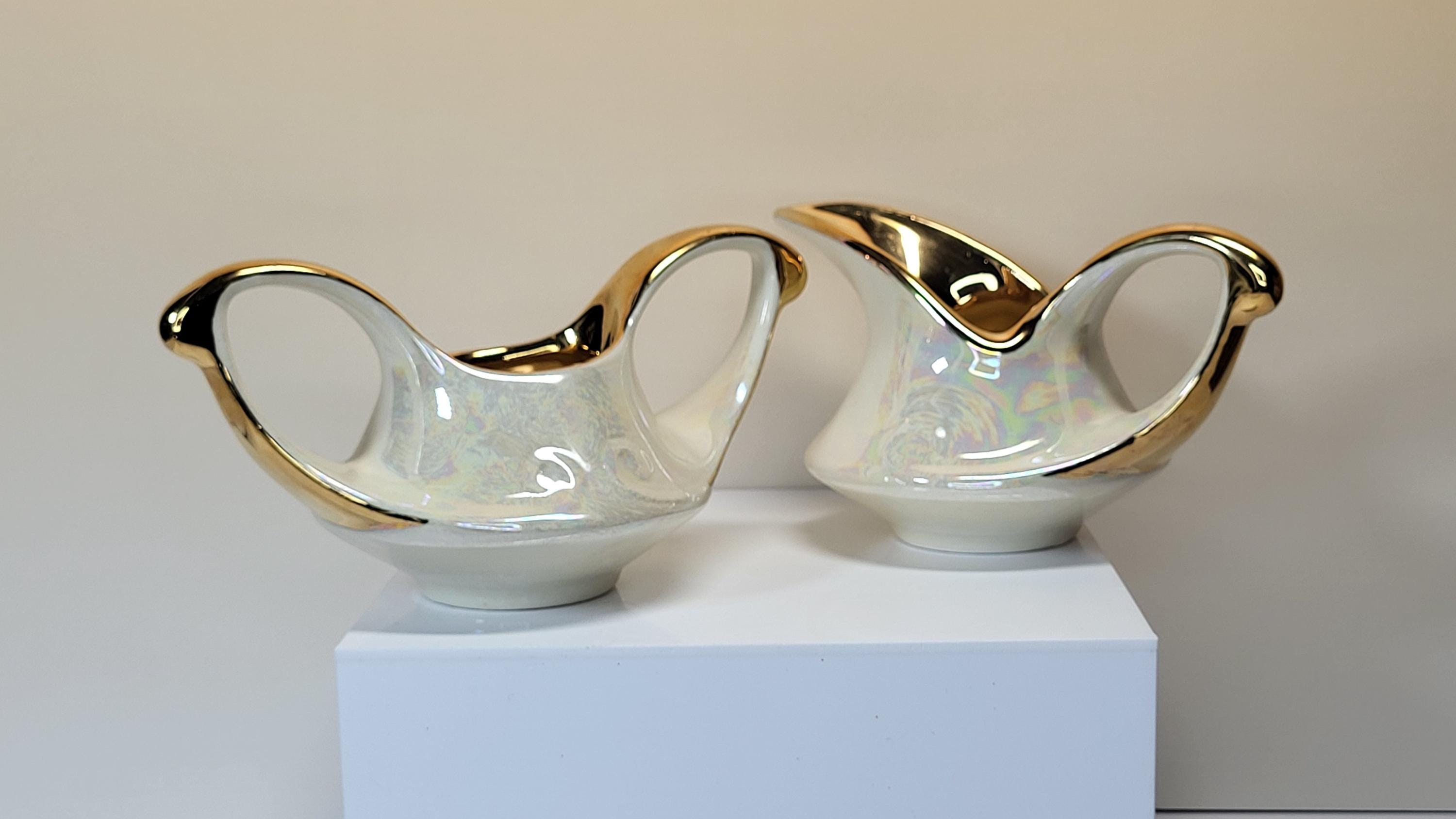 Vintage Pearl China Creamer and Open Sugar Set, Pearlescent Lusterware, 22K Gold Trim, Mid Century Modern, Like New Condition view 3