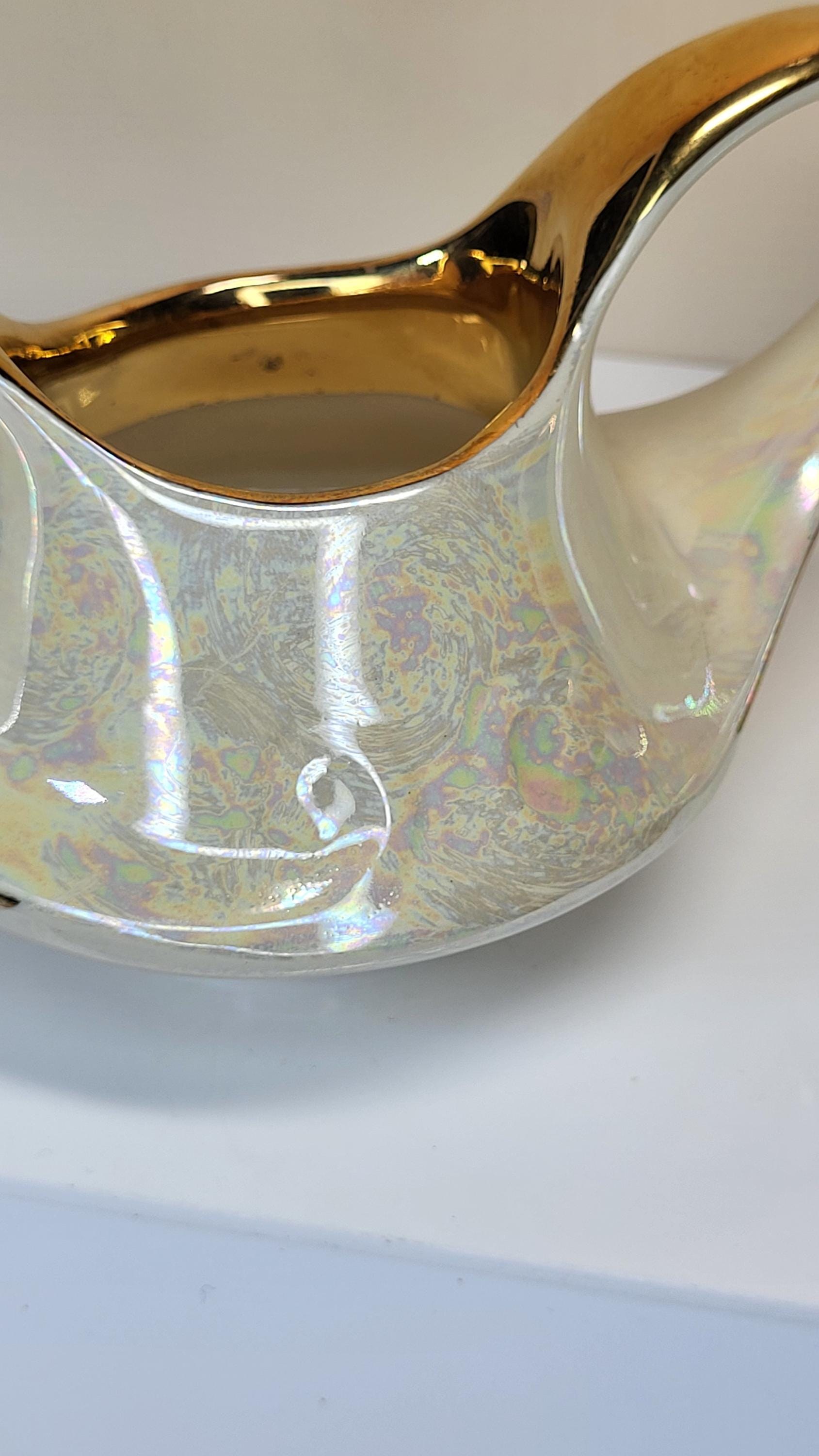 Vintage Pearl China Creamer and Open Sugar Set, Pearlescent Lusterware, 22K Gold Trim, Mid Century Modern, Like New Condition view 4