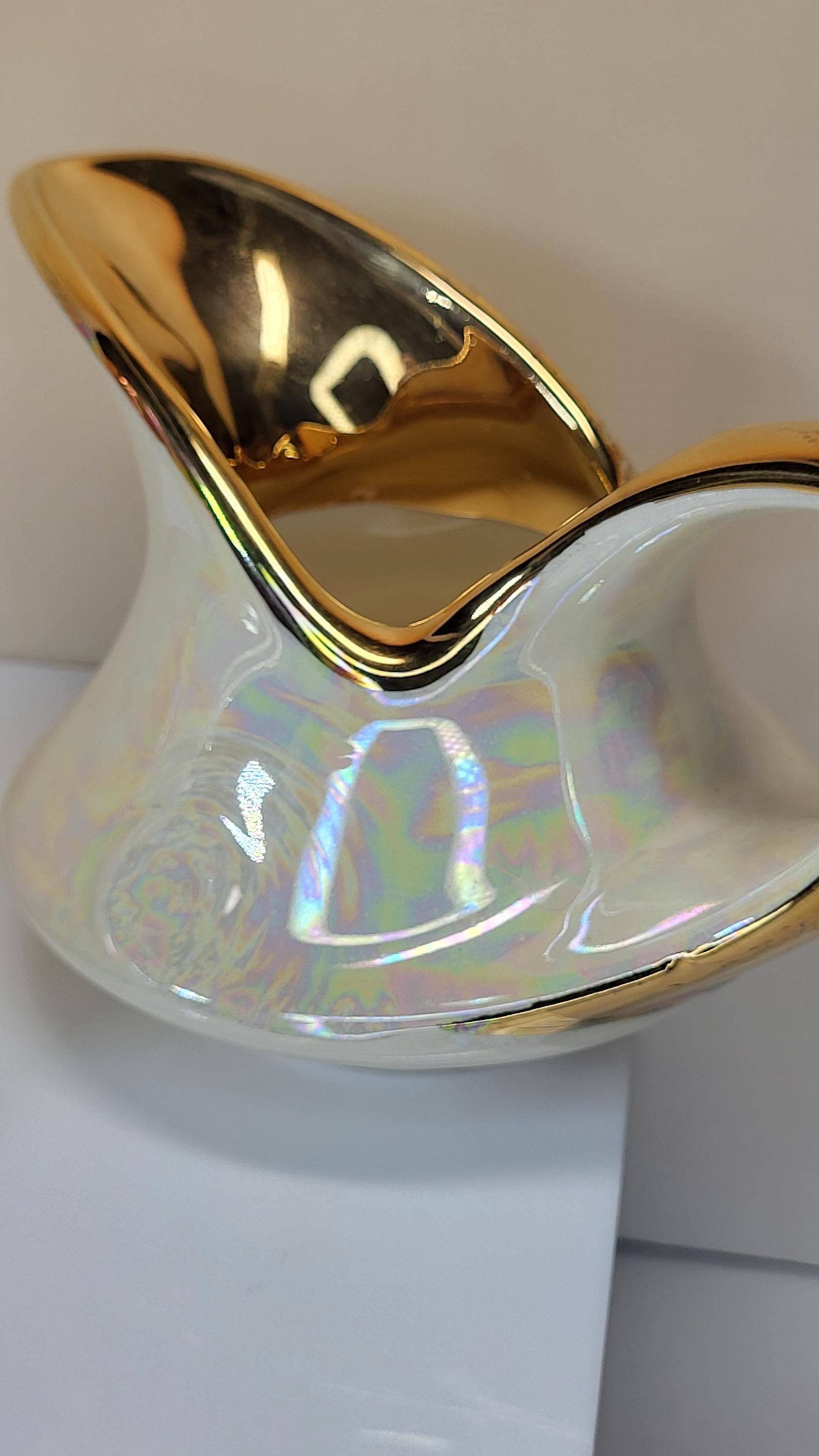 Vintage Pearl China Creamer and Open Sugar Set, Pearlescent Lusterware, 22K Gold Trim, Mid Century Modern, Like New Condition view 5