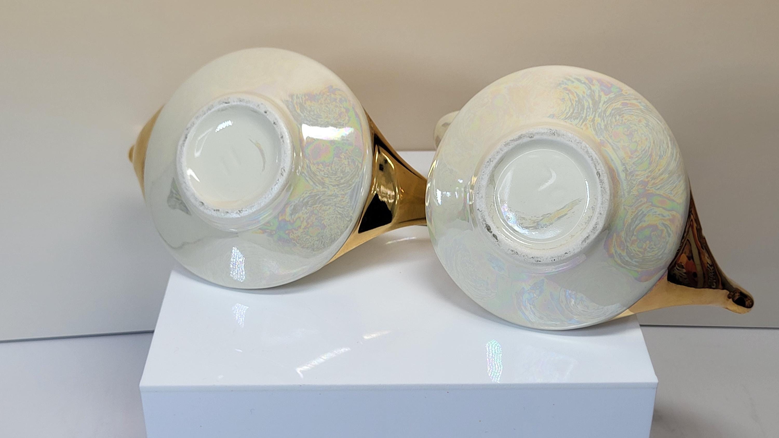 Vintage Pearl China Creamer and Open Sugar Set, Pearlescent Lusterware, 22K Gold Trim, Mid Century Modern, Like New Condition view 6