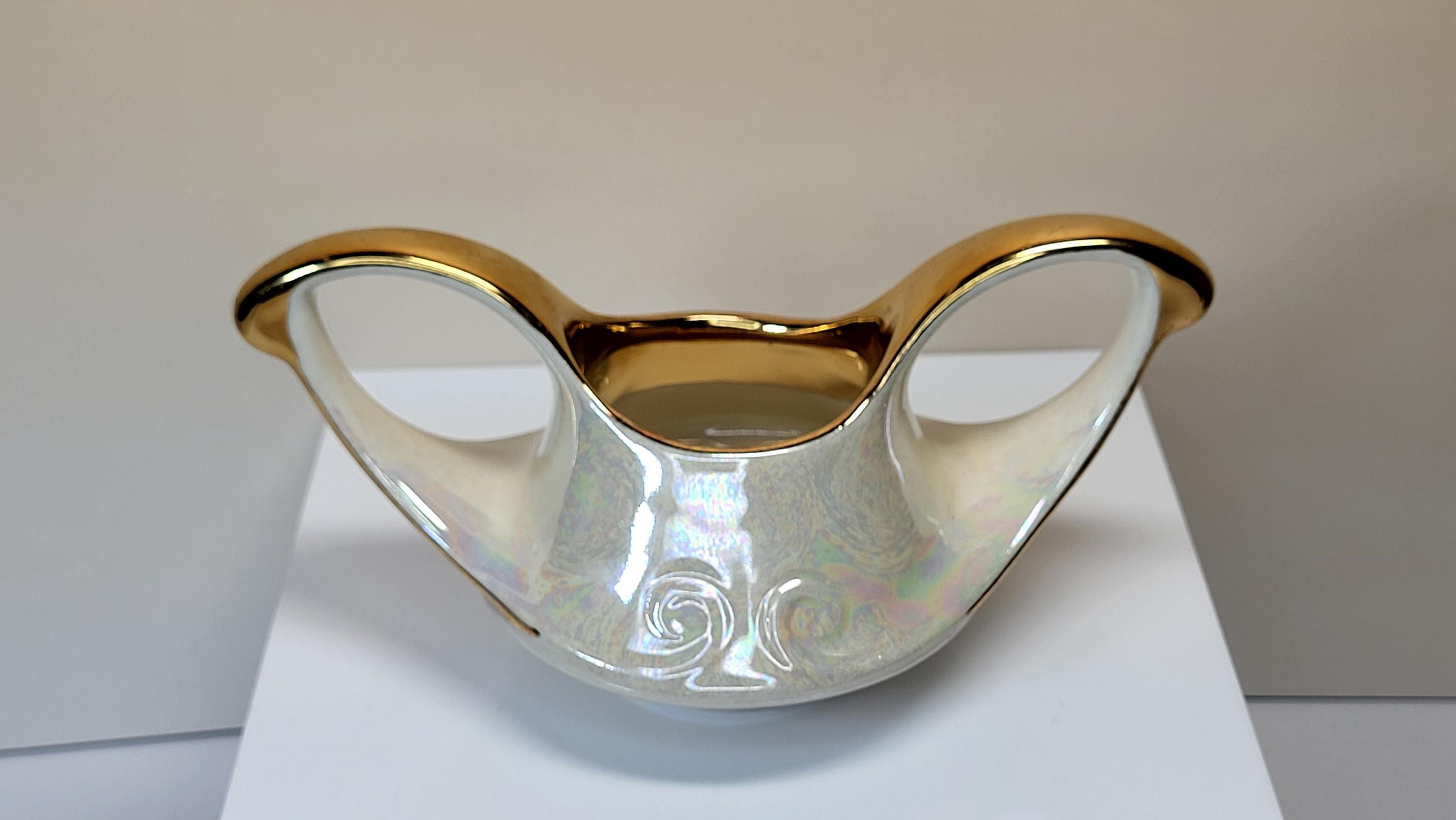 Vintage Pearl China Creamer and Open Sugar Set, Pearlescent Lusterware, 22K Gold Trim, Mid Century Modern, Like New Condition view 7