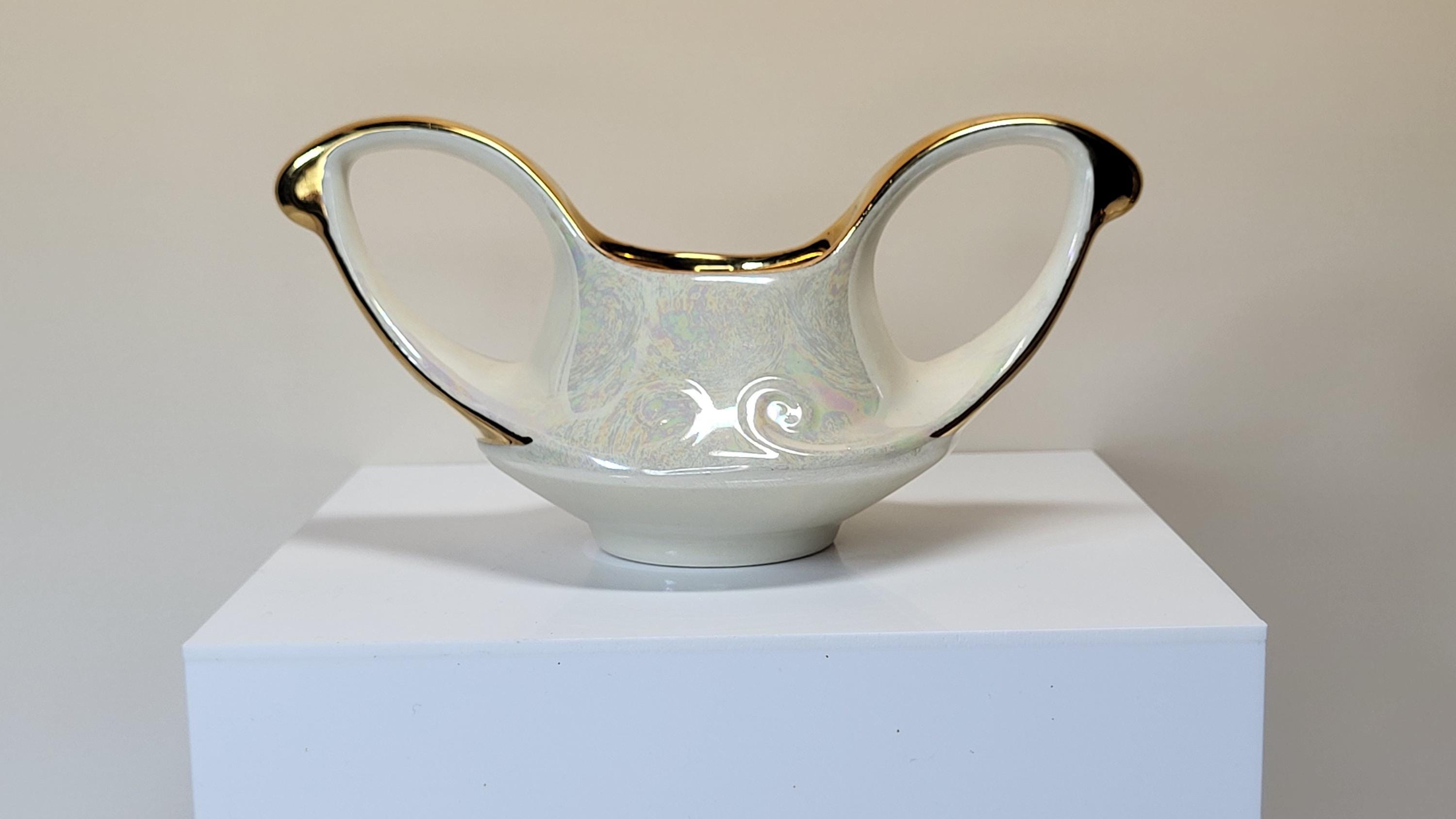 Vintage Pearl China Creamer and Open Sugar Set, Pearlescent Lusterware, 22K Gold Trim, Mid Century Modern, Like New Condition view 8
