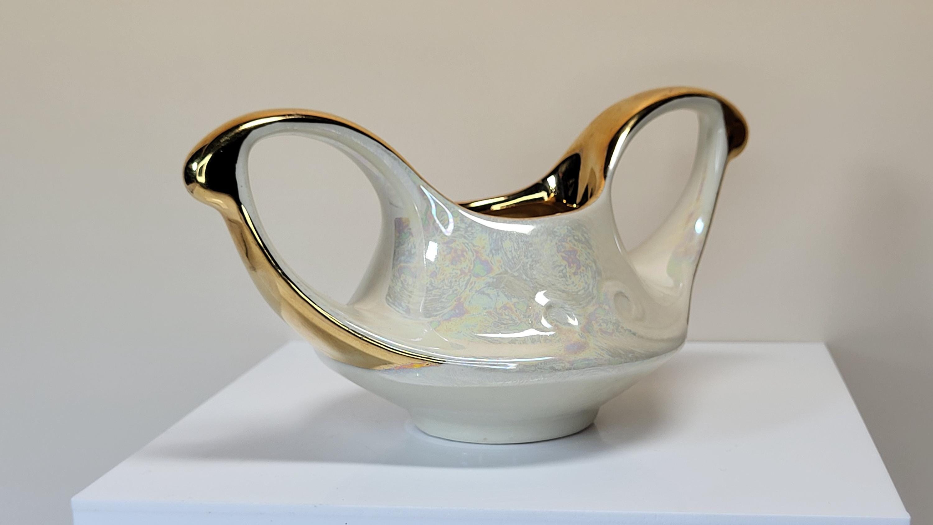 Vintage Pearl China Creamer and Open Sugar Set, Pearlescent Lusterware, 22K Gold Trim, Mid Century Modern, Like New Condition view 9