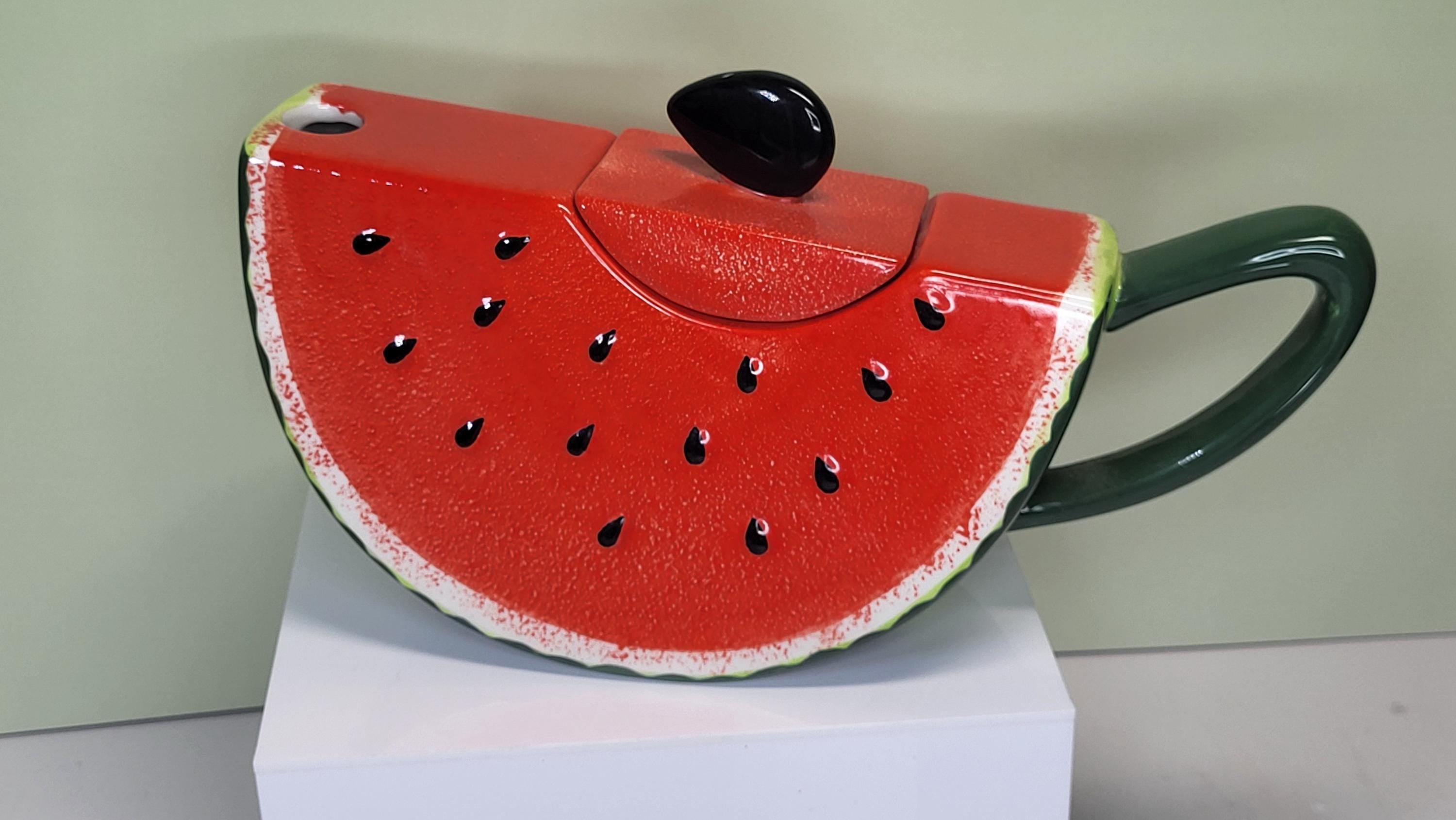 Vintage Hand-Painted Watermelon Teapot, Whimsical Cottagecore Decor, Unique Ceramic Farmhouse Kitchen, 1990s Kitsch, Like New Condition