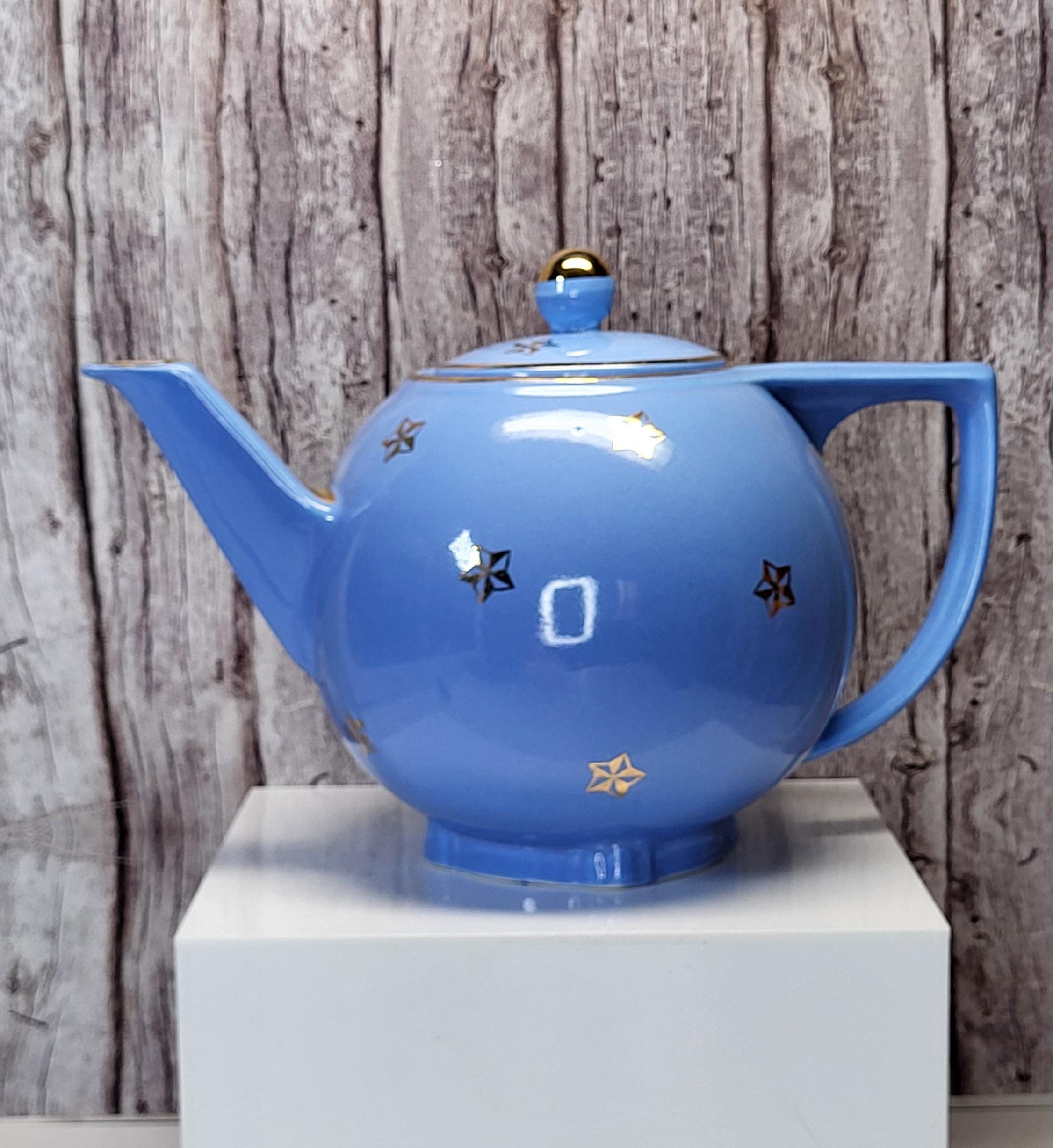 Rare Vintage Hall China Delphinium Blue Gold Atomic Starburst Teapot Mid-Century Modern