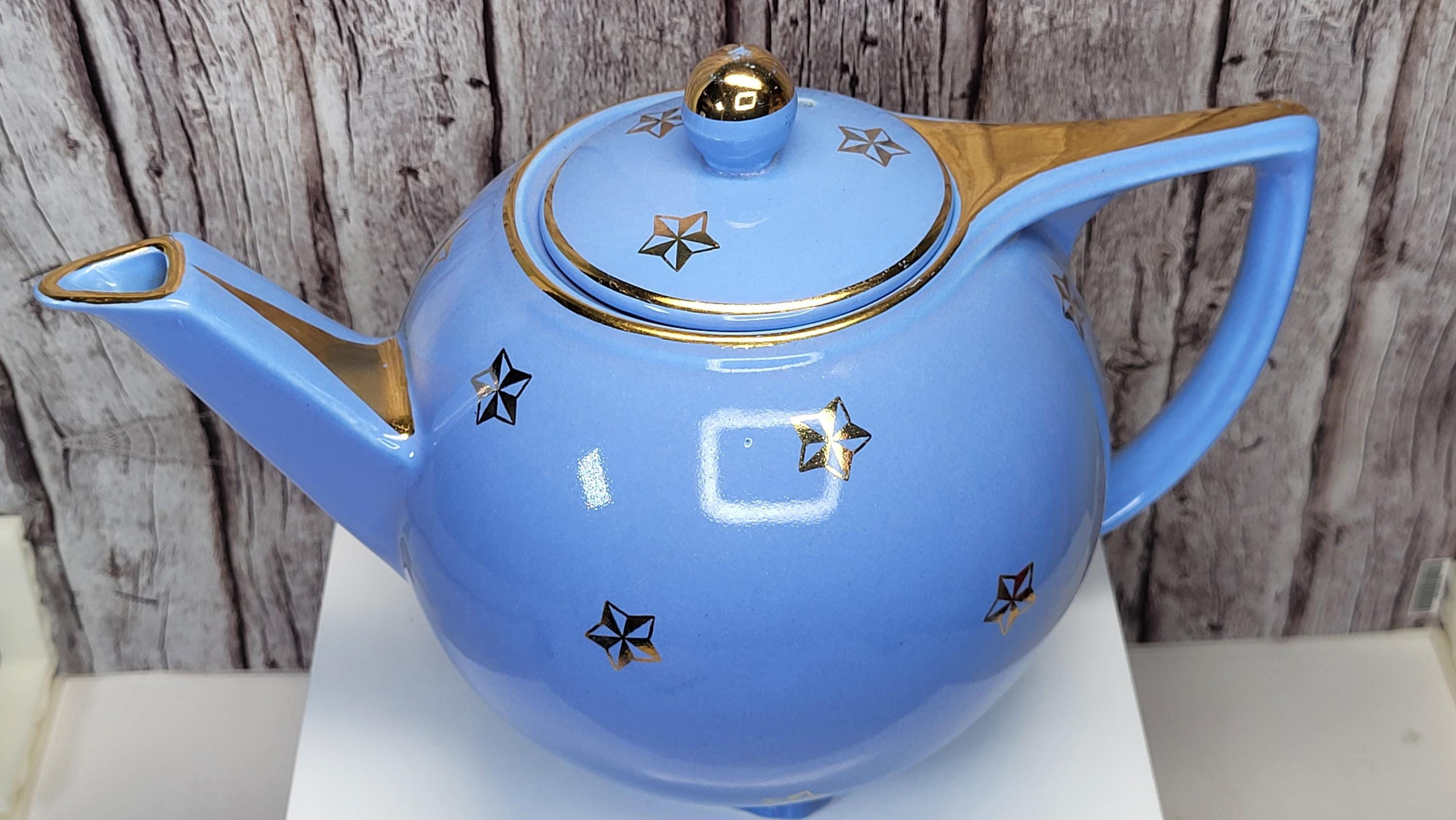 Rare Vintage Hall China Delphinium Blue Gold Atomic Starburst Teapot Mid-Century Modern view 2