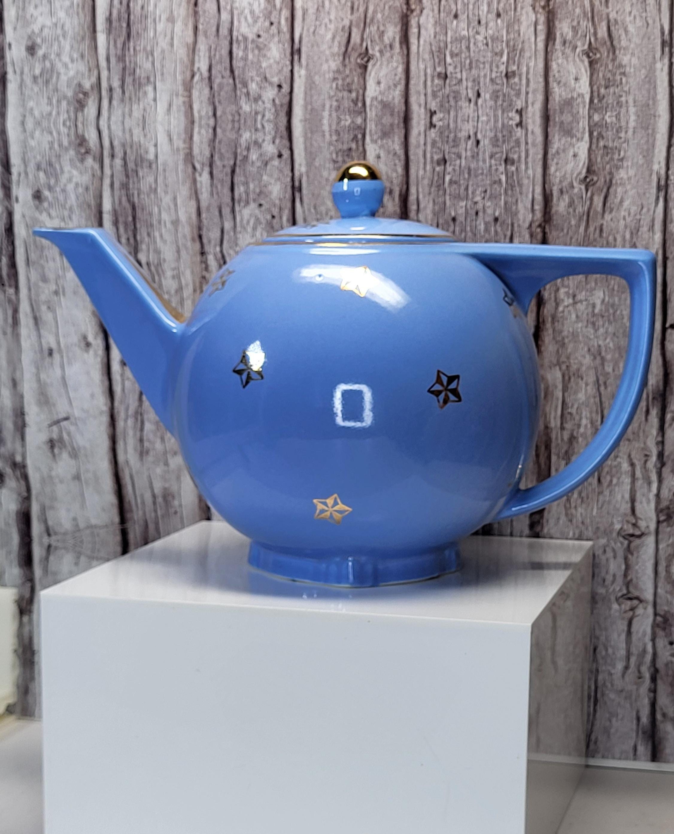 Rare Vintage Hall China Delphinium Blue Gold Atomic Starburst Teapot Mid-Century Modern view 3