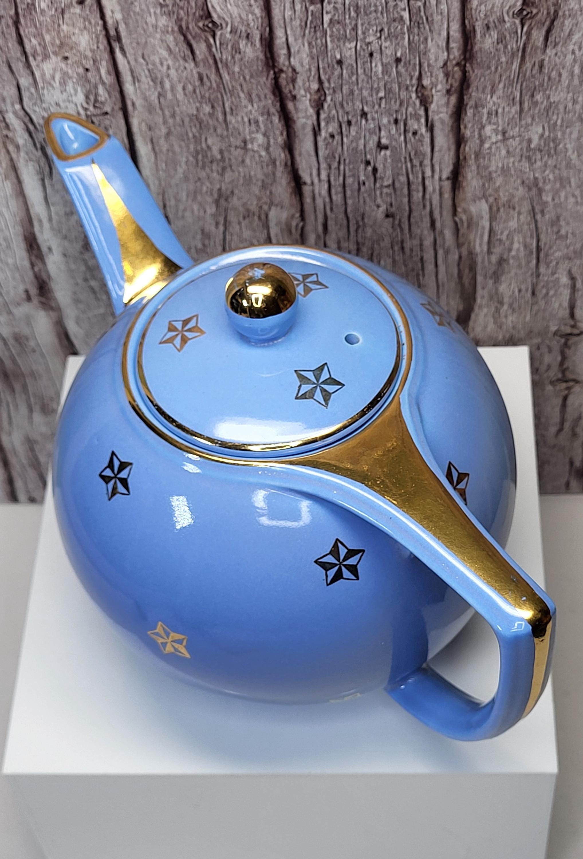 Rare Vintage Hall China Delphinium Blue Gold Atomic Starburst Teapot Mid-Century Modern view 4