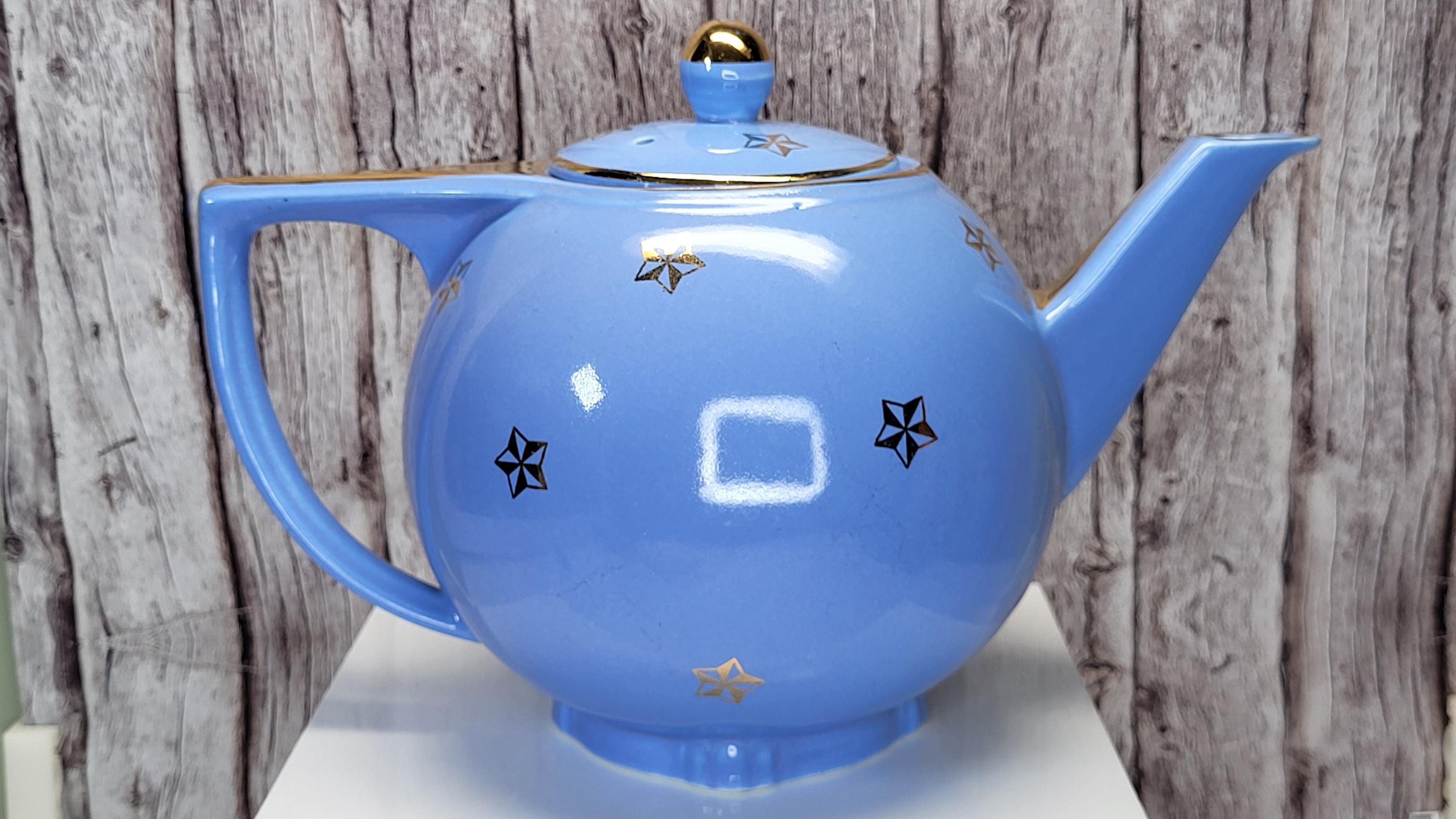 Rare Vintage Hall China Delphinium Blue Gold Atomic Starburst Teapot Mid-Century Modern view 5