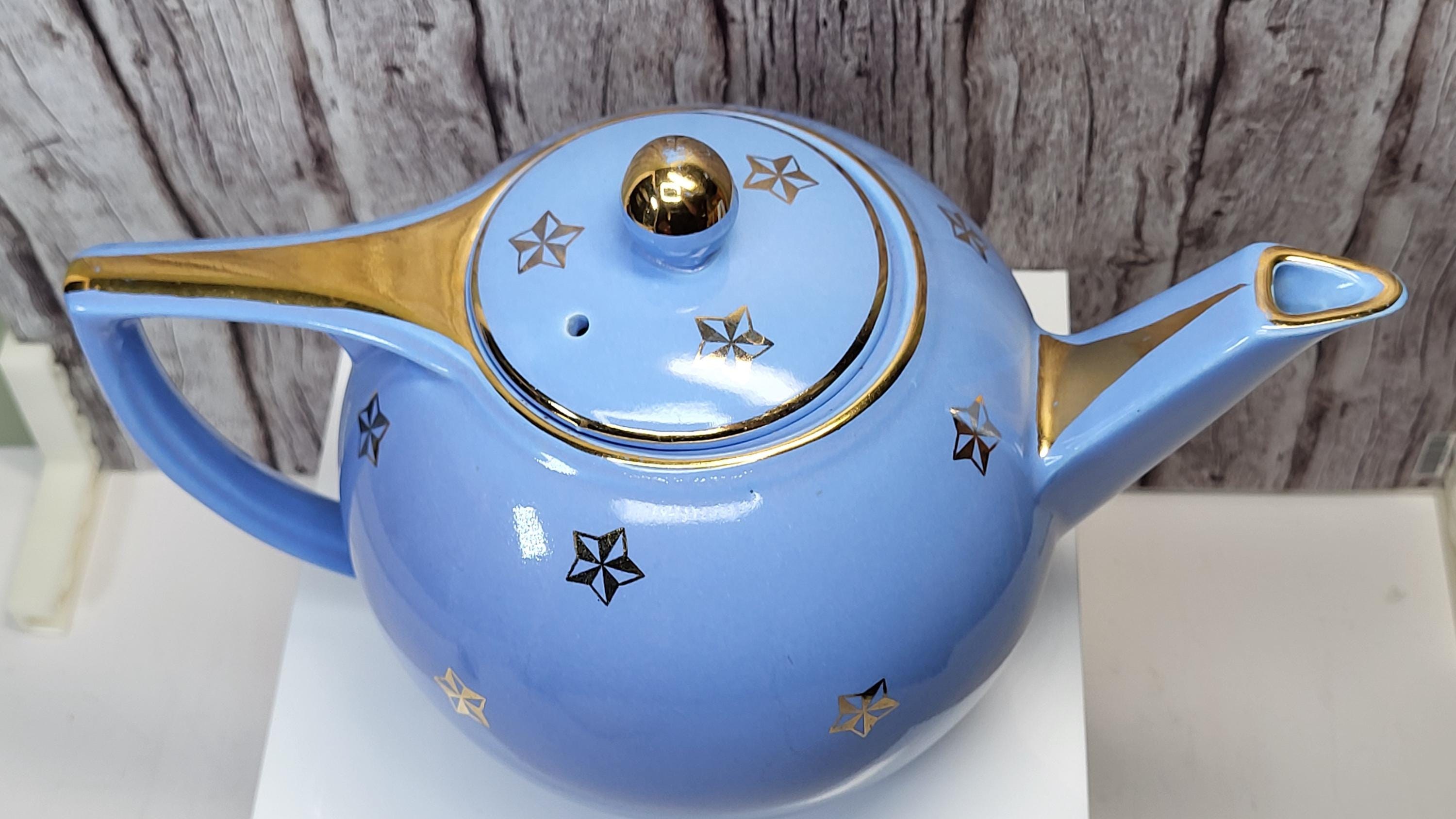 Rare Vintage Hall China Delphinium Blue Gold Atomic Starburst Teapot Mid-Century Modern view 6