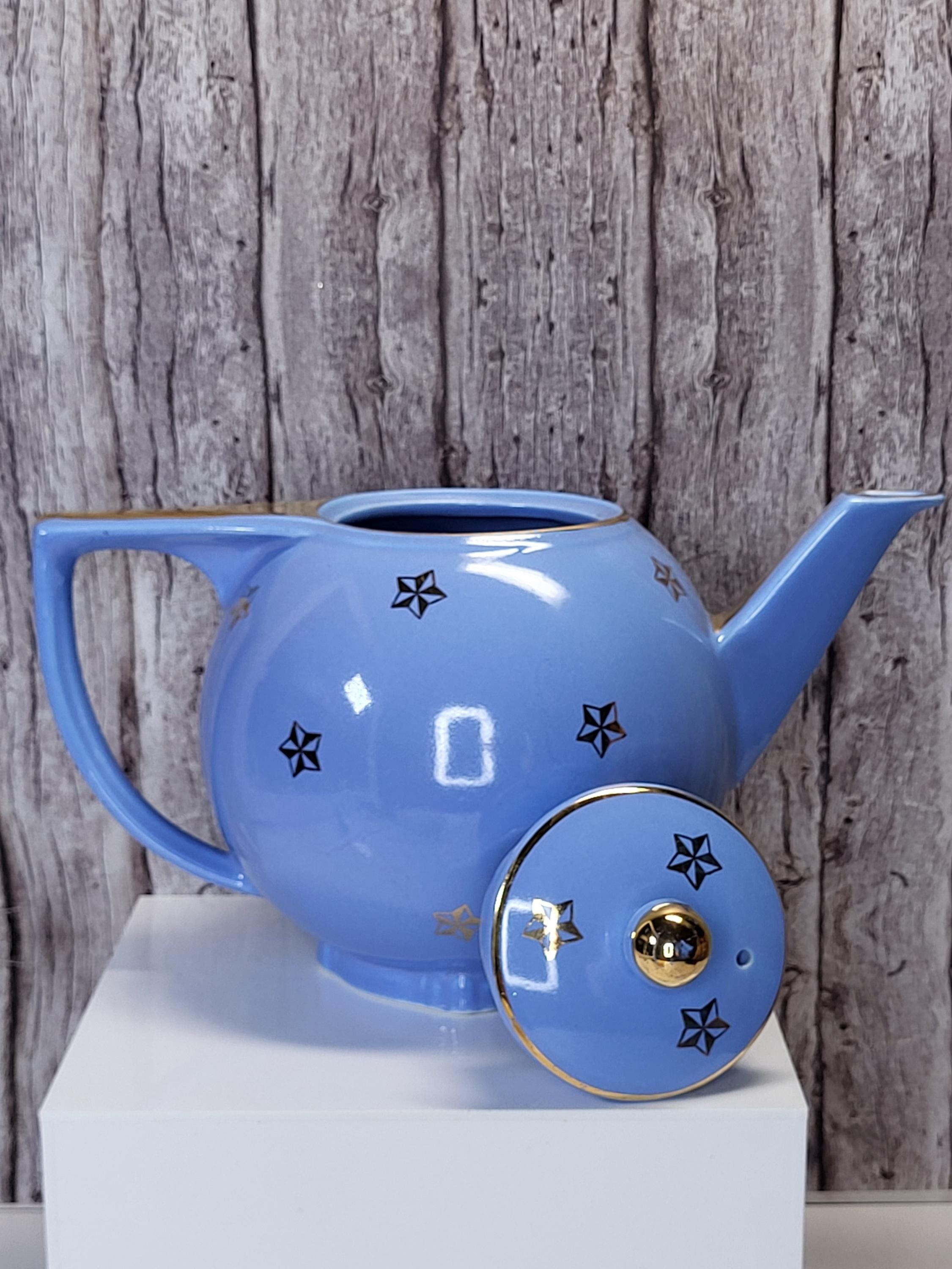 Rare Vintage Hall China Delphinium Blue Gold Atomic Starburst Teapot Mid-Century Modern view 7