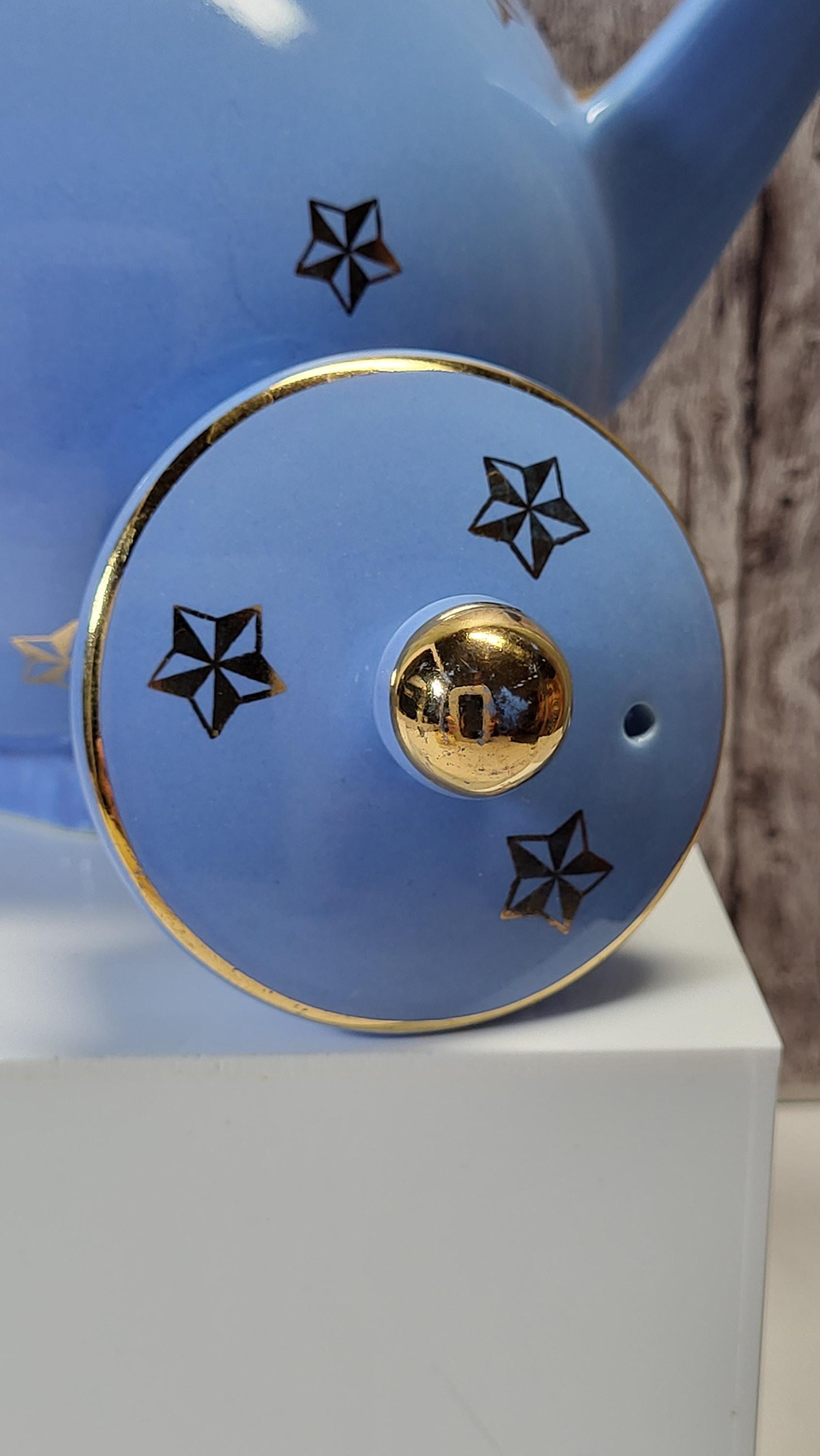 Rare Vintage Hall China Delphinium Blue Gold Atomic Starburst Teapot Mid-Century Modern view 8