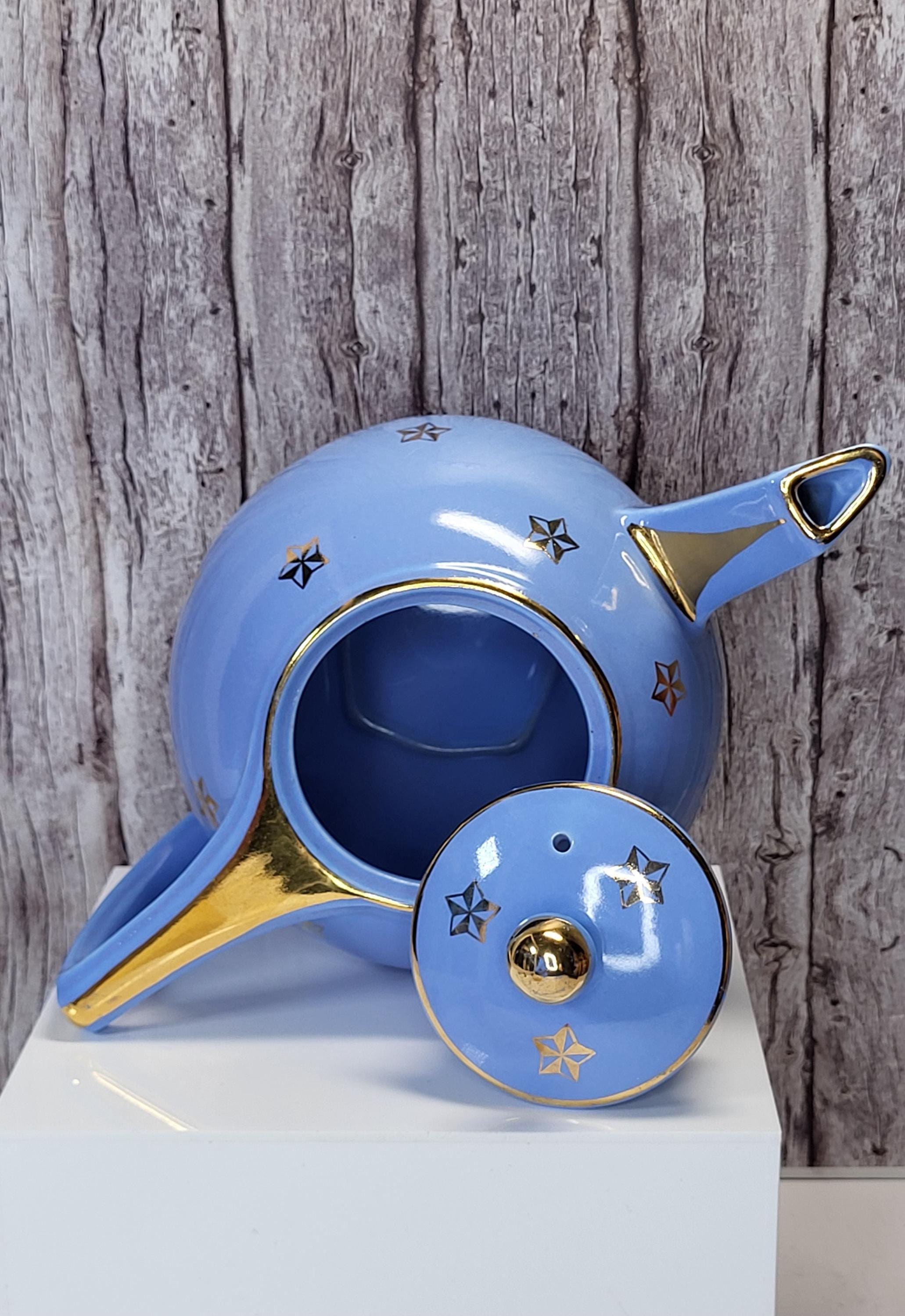 Rare Vintage Hall China Delphinium Blue Gold Atomic Starburst Teapot Mid-Century Modern view 9