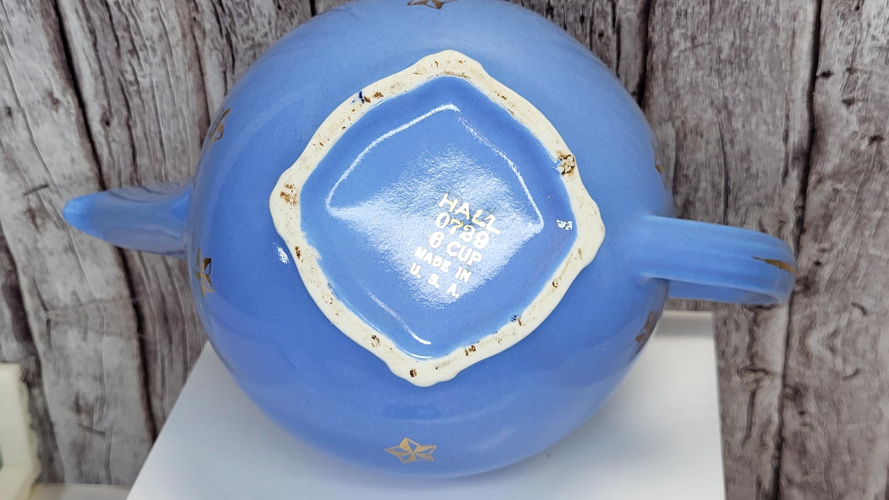 Rare Vintage Hall China Delphinium Blue Gold Atomic Starburst Teapot Mid-Century Modern view 10