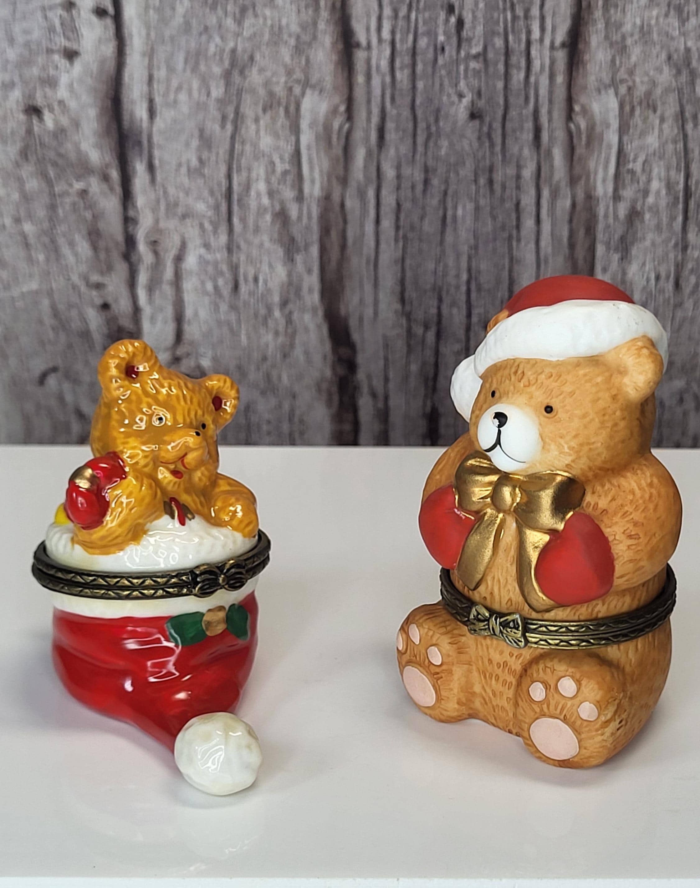 Vintage JCM Service Merchandise Christmas Teddy Bear Hinged Trinket Box Set of 2