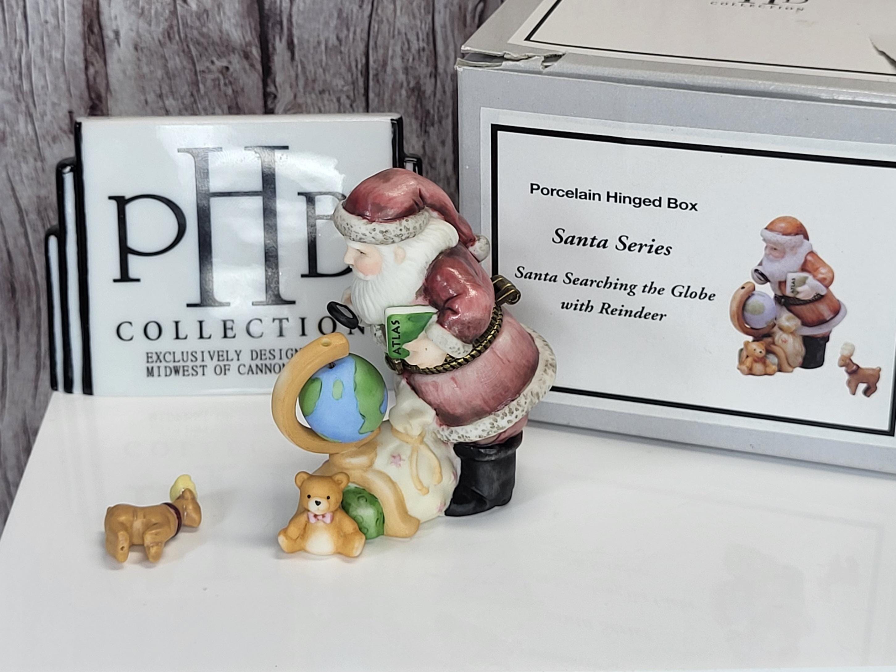 Midwest of Cannon Falls Santa Series Hinged Trinket Box, "Santa Searching the Globe with Reindeer," Porcelain Hinged Box - Reindeer Trinket