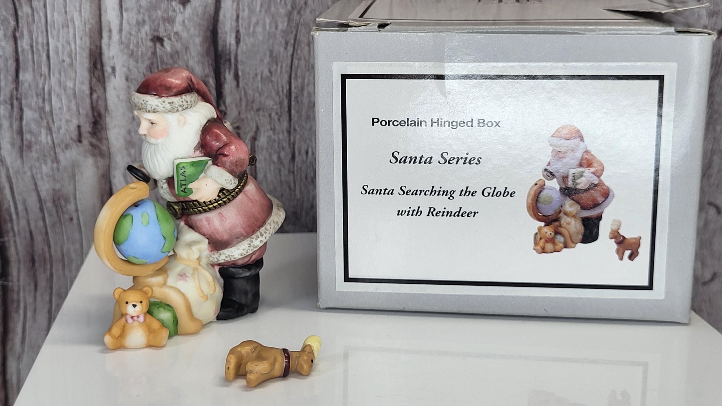 Midwest of Cannon Falls Santa Series Hinged Trinket Box, "Santa Searching the Globe with Reindeer," Porcelain Hinged Box - Reindeer Trinket view 2