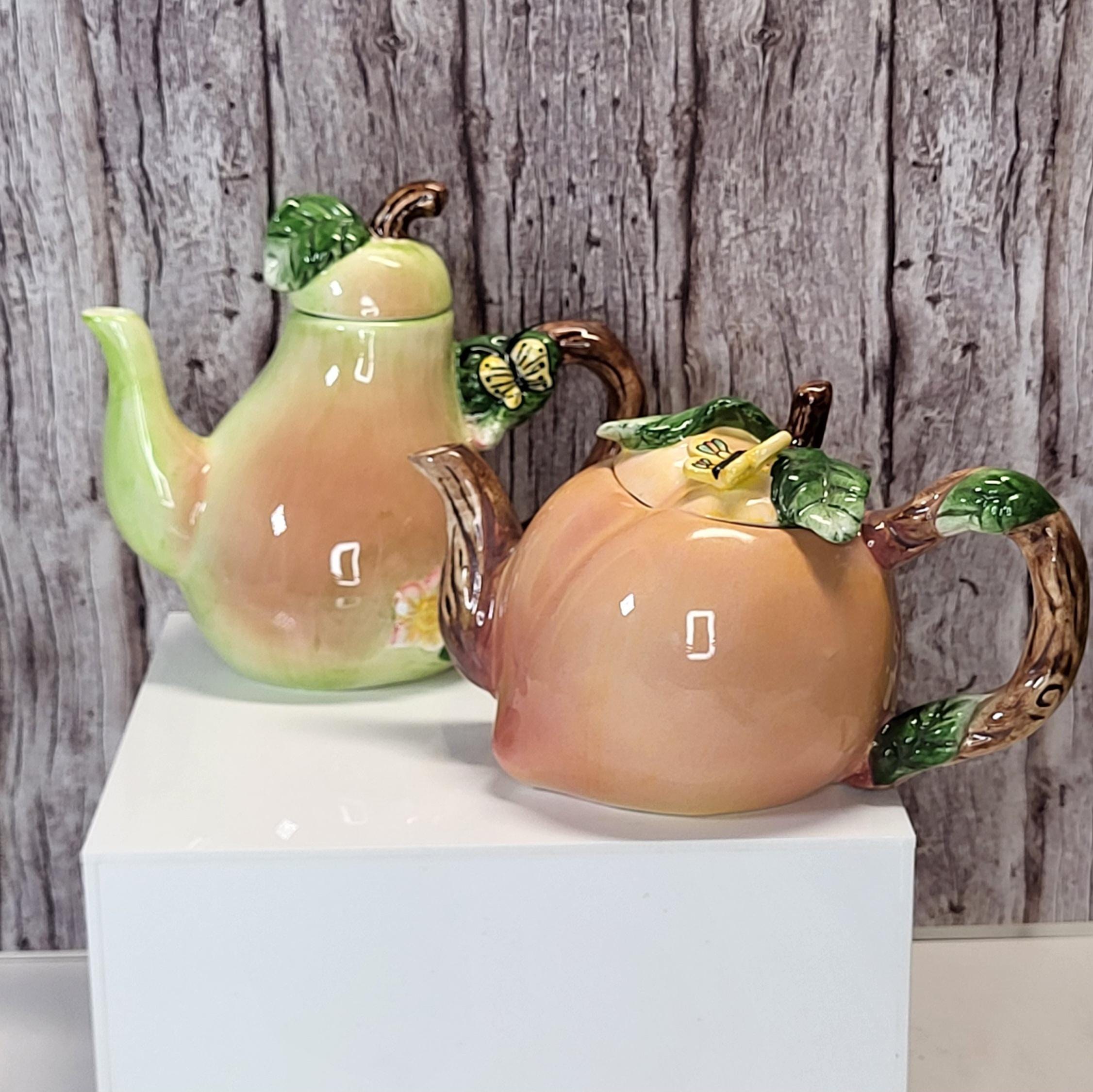 Whimsical Hand-Painted Fruit Teapot Set - Small Peach and Pear Ceramic Novelty Teapots - Unique Kitchen Decor
