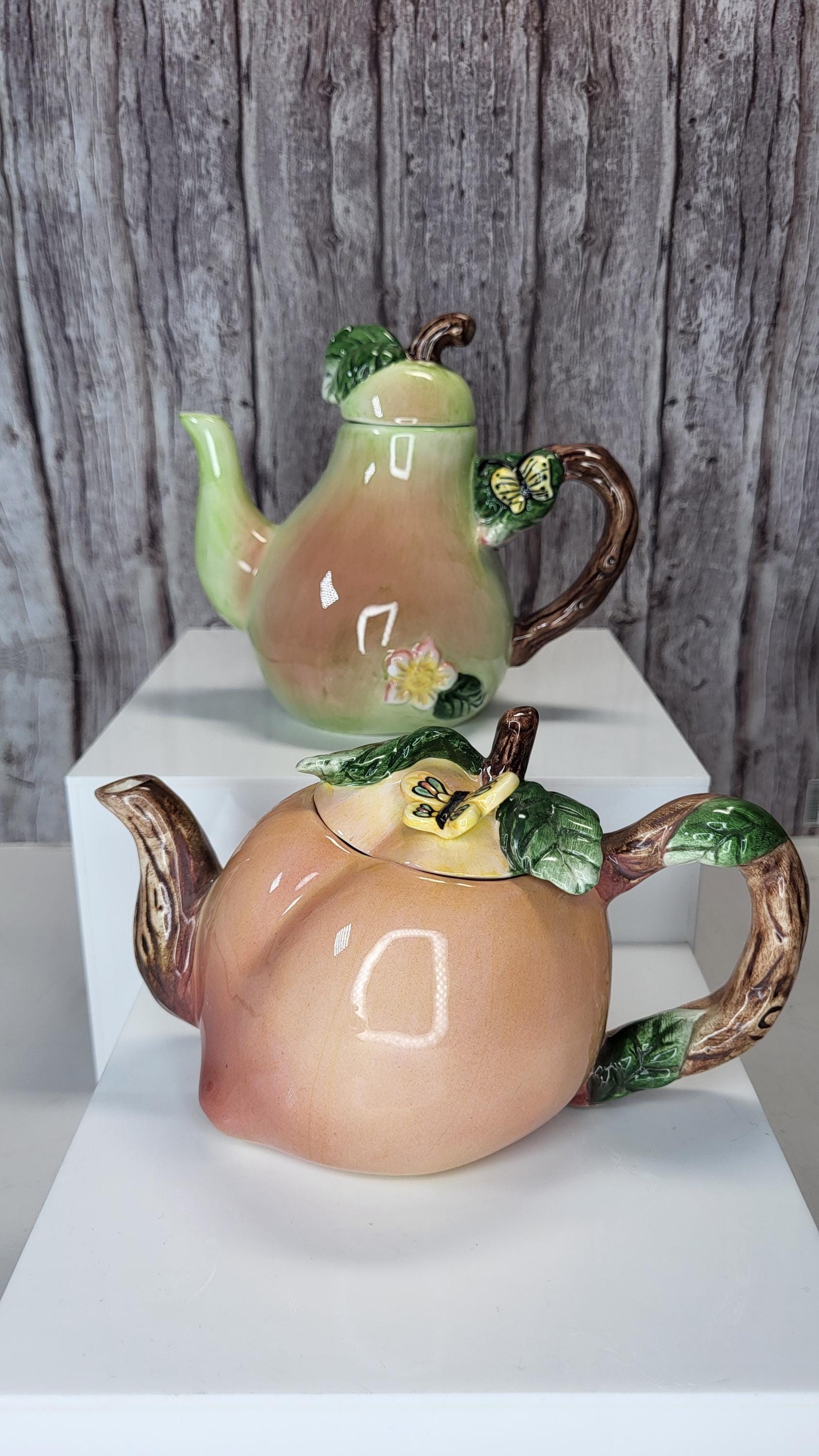Whimsical Hand-Painted Fruit Teapot Set - Small Peach and Pear Ceramic Novelty Teapots - Unique Kitchen Decor view 2