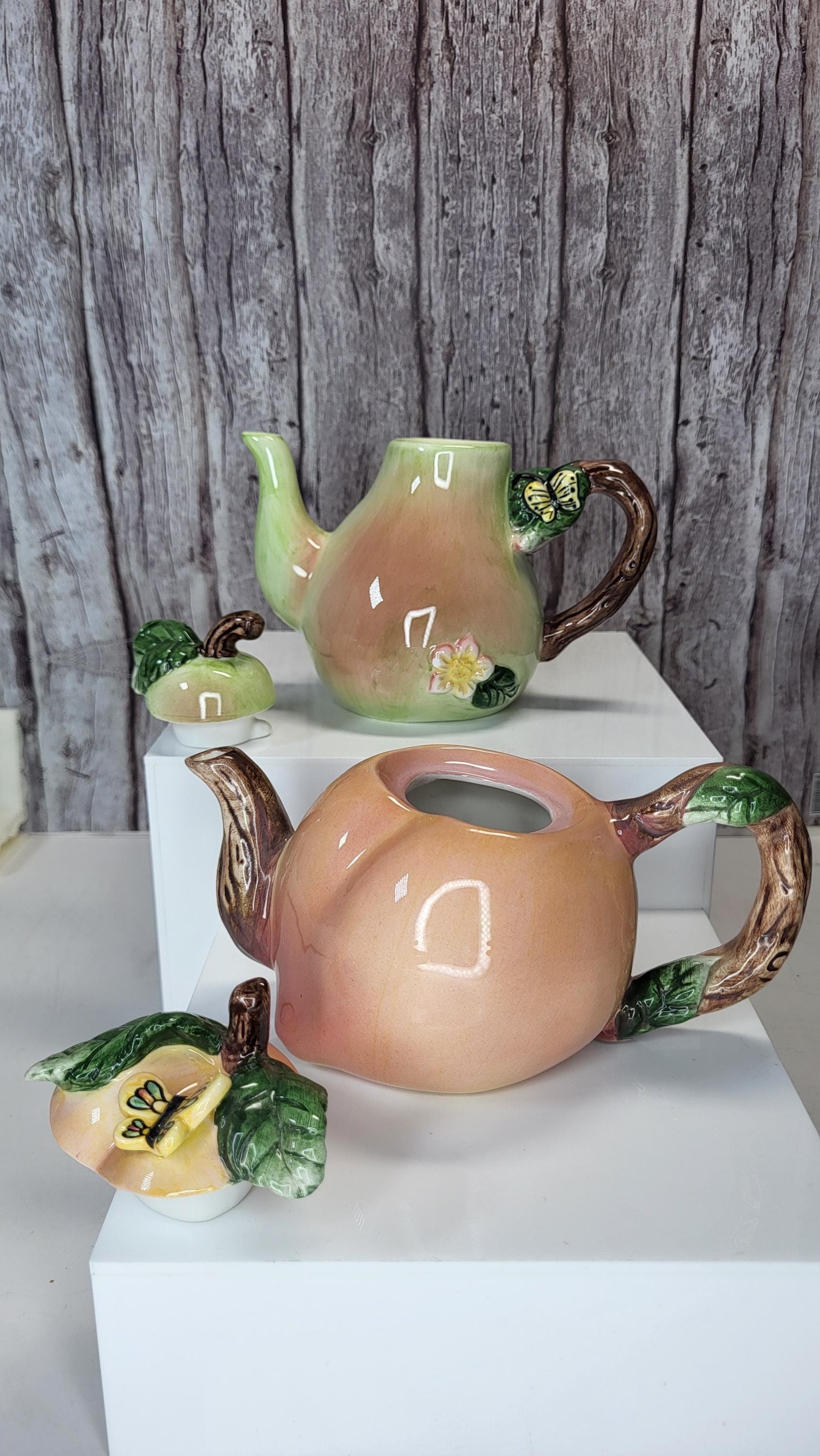 Whimsical Hand-Painted Fruit Teapot Set - Small Peach and Pear Ceramic Novelty Teapots - Unique Kitchen Decor view 3