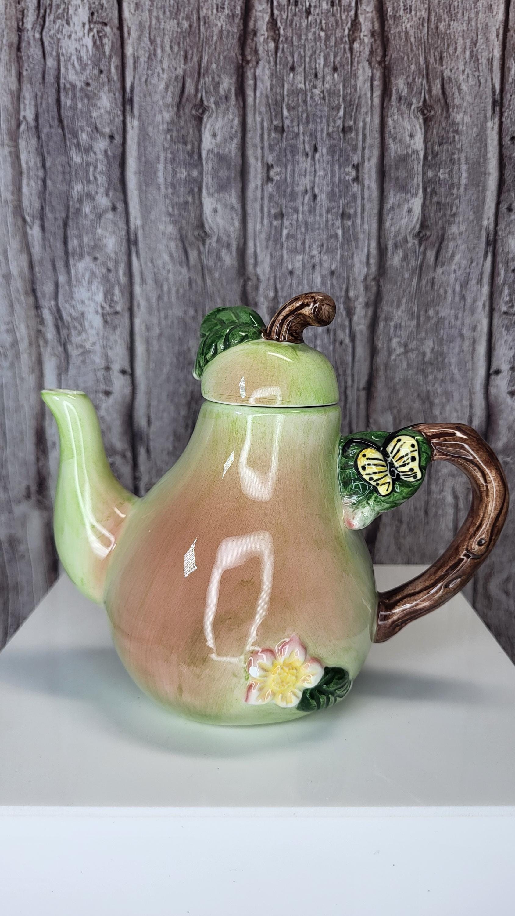 Whimsical Hand-Painted Fruit Teapot Set - Small Peach and Pear Ceramic Novelty Teapots - Unique Kitchen Decor view 4