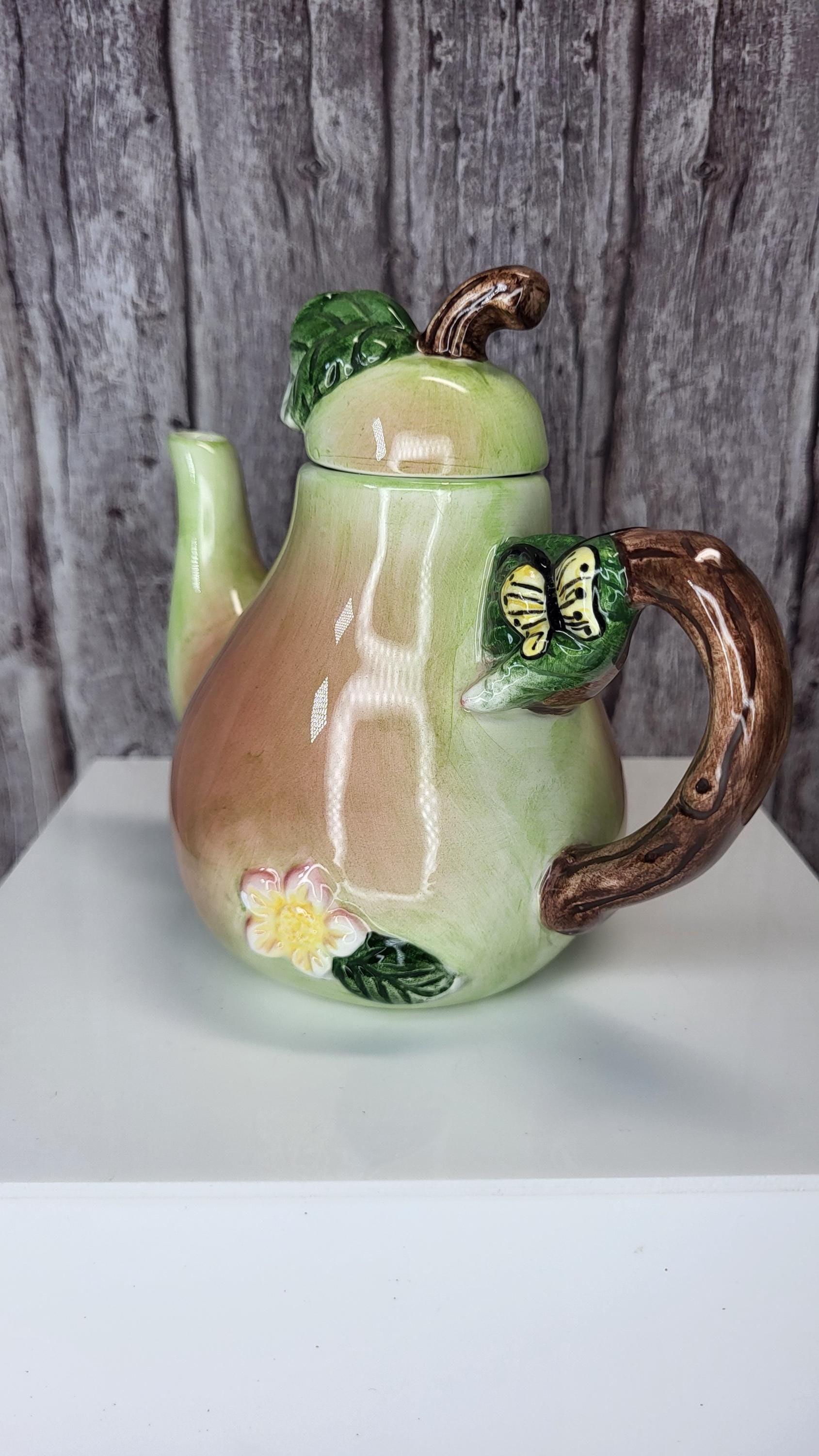 Whimsical Hand-Painted Fruit Teapot Set - Small Peach and Pear Ceramic Novelty Teapots - Unique Kitchen Decor view 6