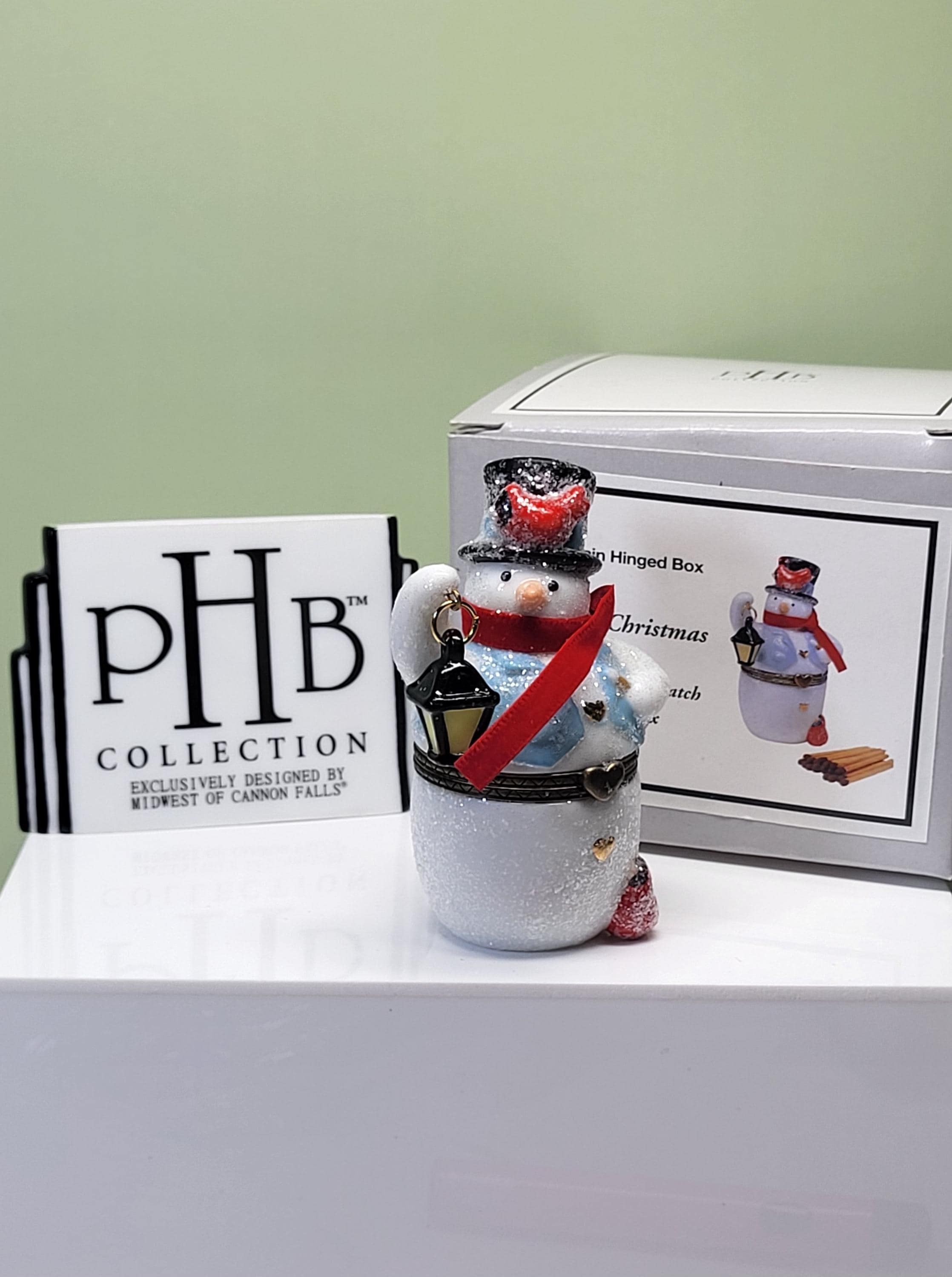 Midwest of Cannon Falls PHB Collection Porcelain Snowman Hinged Trinket Box with Matches Trinket, Christmas Holiday Decor Vintage Collectibl