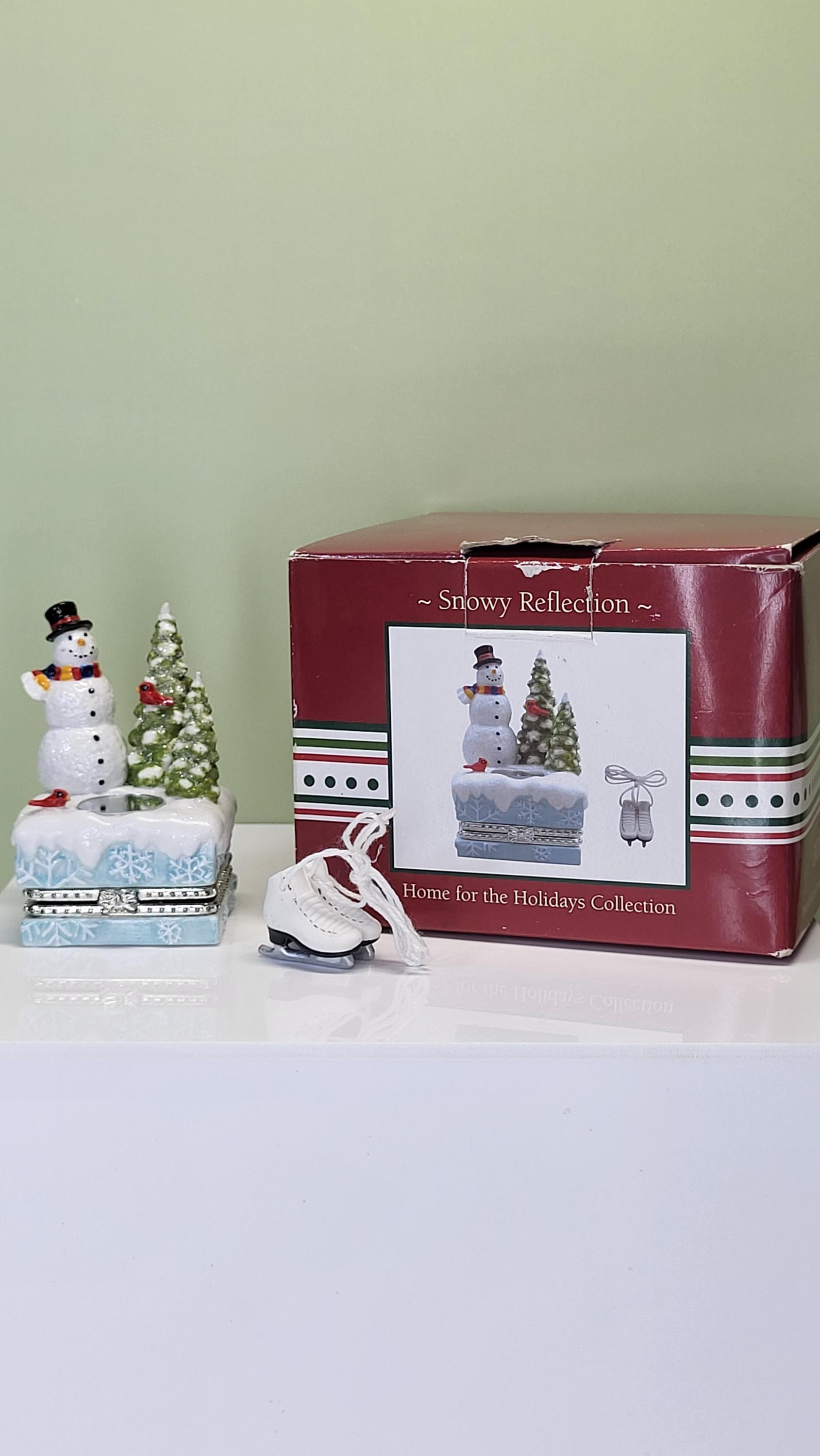 Vintage Home for the Holidays 'Snowy Reflection' Solid Porcelain Hand-Painted Hinged Trinket Box with Ice Skates Trinket in Original Box