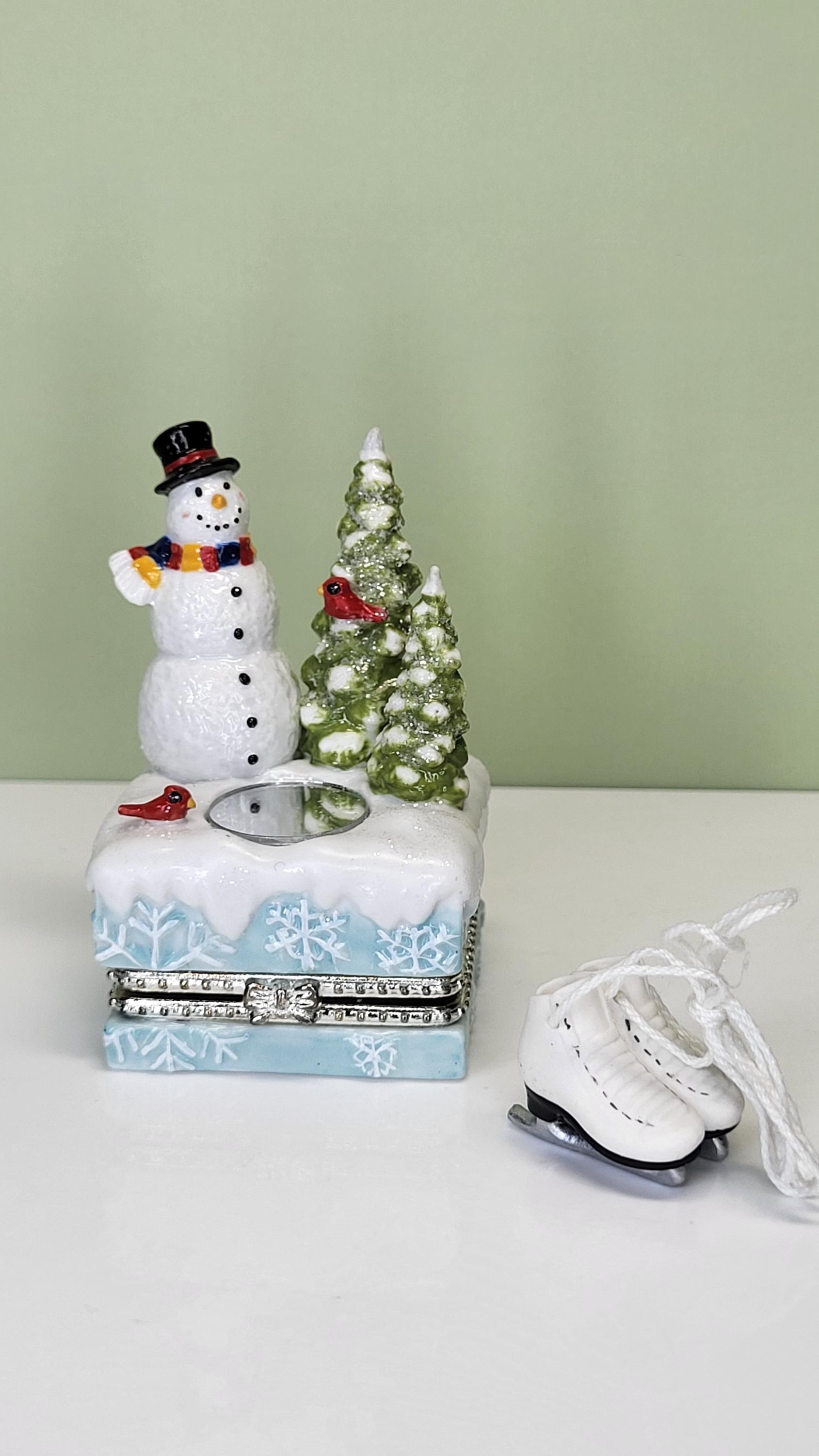 Vintage Home for the Holidays 'Snowy Reflection' Solid Porcelain Hand-Painted Hinged Trinket Box with Ice Skates Trinket in Original Box view 2