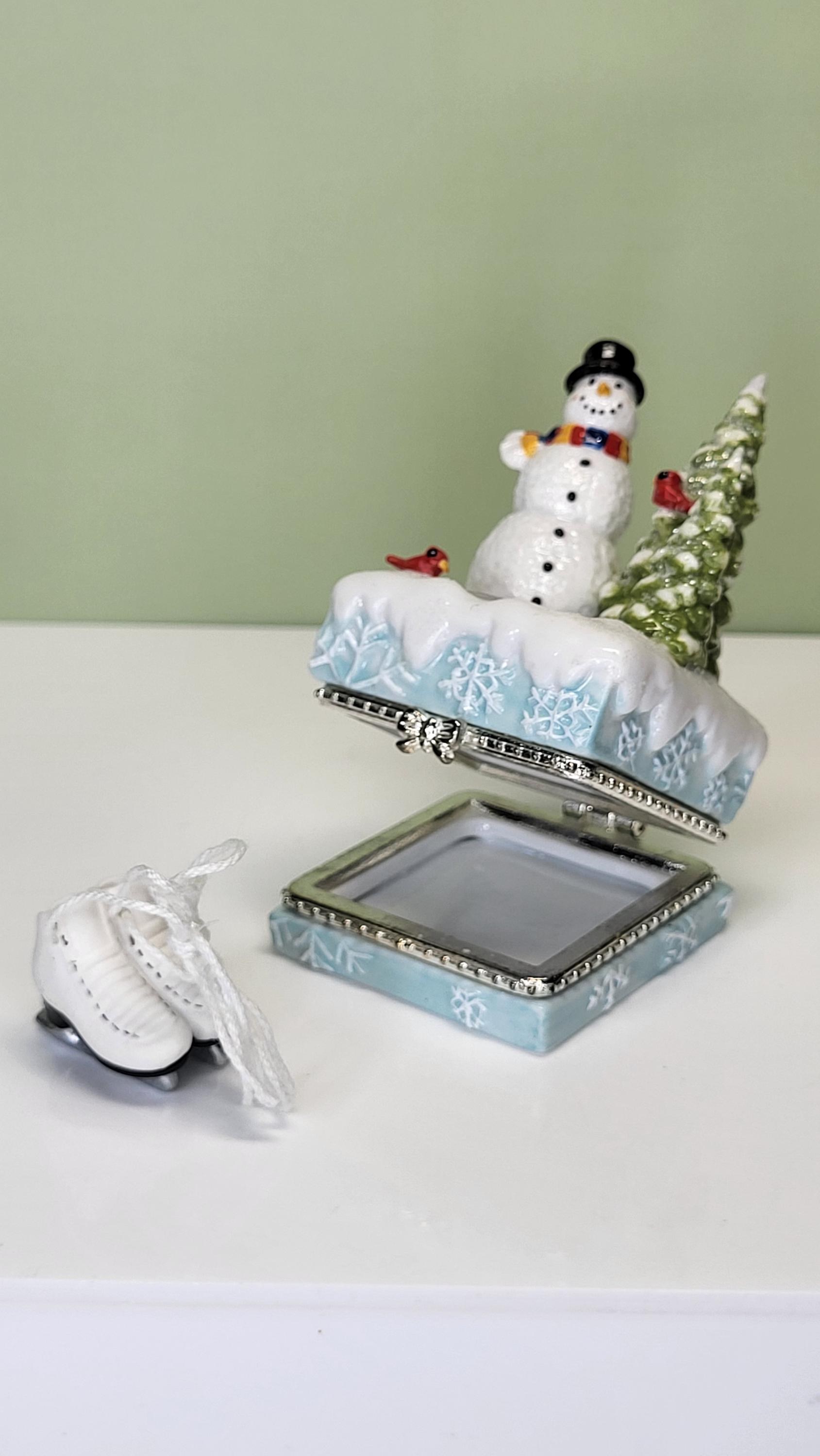 Vintage Home for the Holidays 'Snowy Reflection' Solid Porcelain Hand-Painted Hinged Trinket Box with Ice Skates Trinket in Original Box view 9