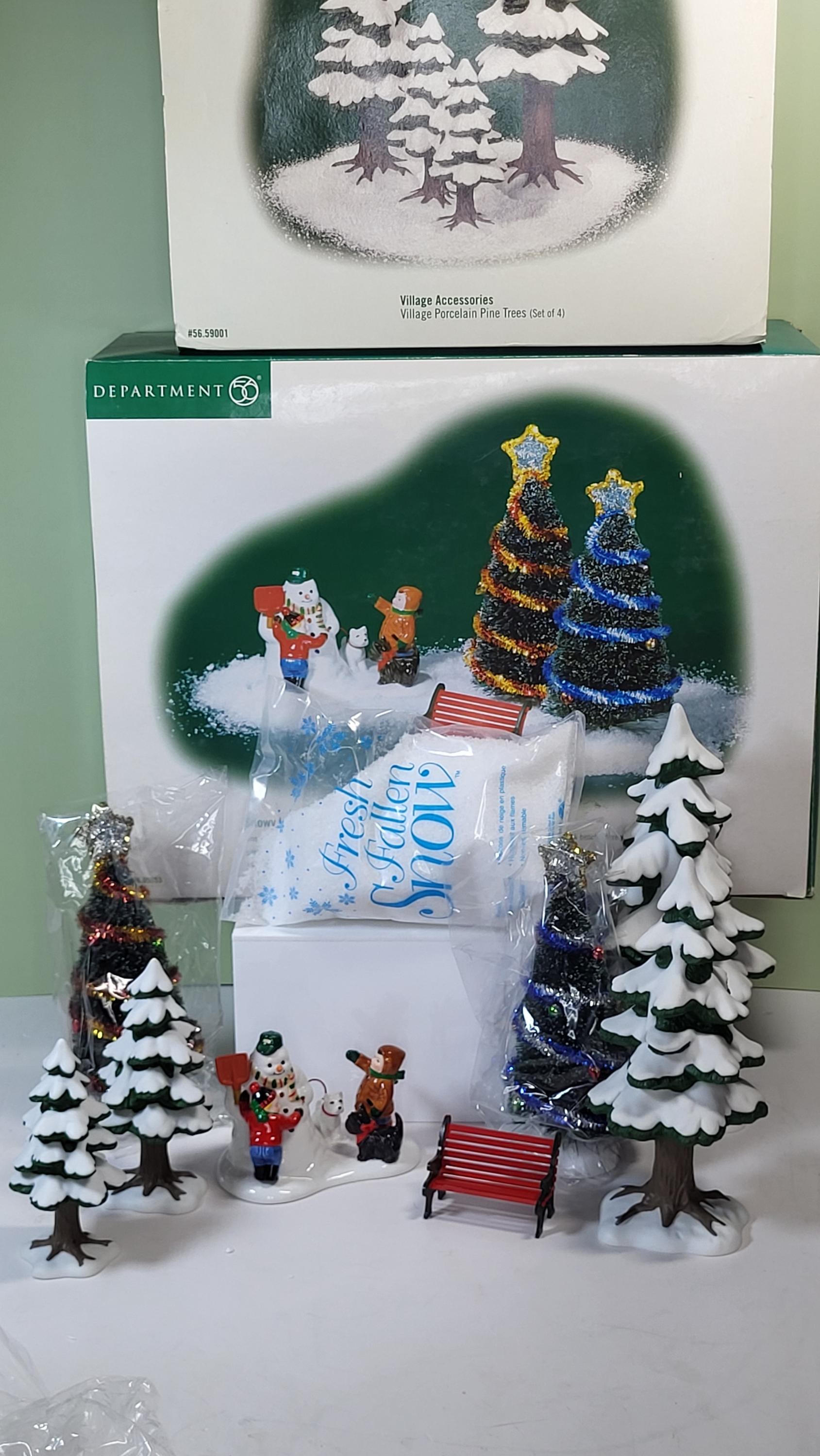 Department 56 Christmas Village Bundle: "Fresh Fallen Snow", "Porcelain Pine Trees" Set (approx. 10+ Pcs), Like New, Never Used, with Boxes